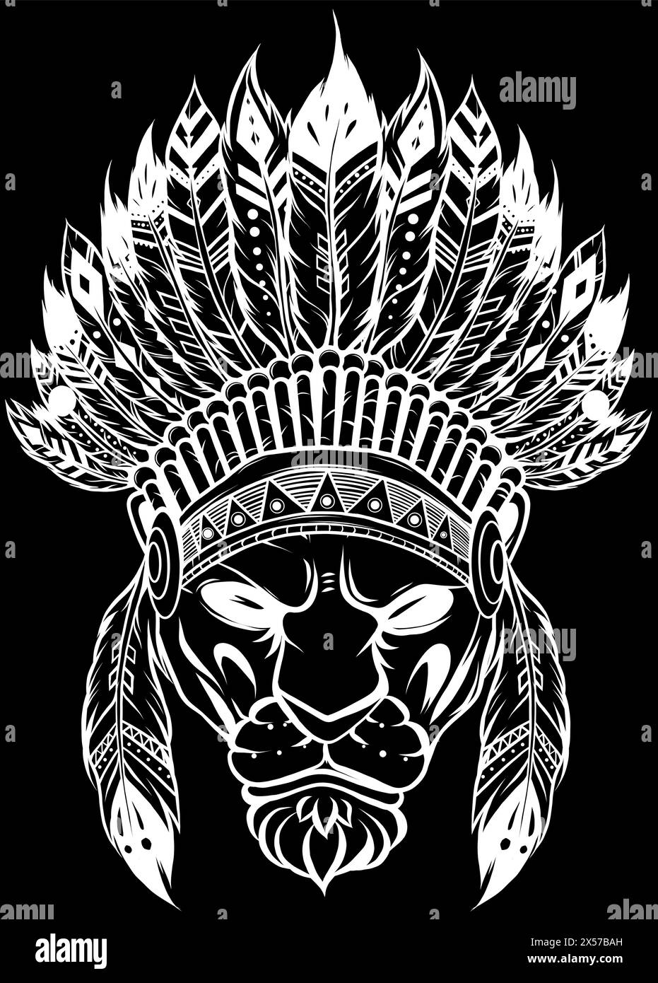 Silhouette blanche de Lion Indian. Amérindien. Visage de lion sur fond noir Illustration de Vecteur