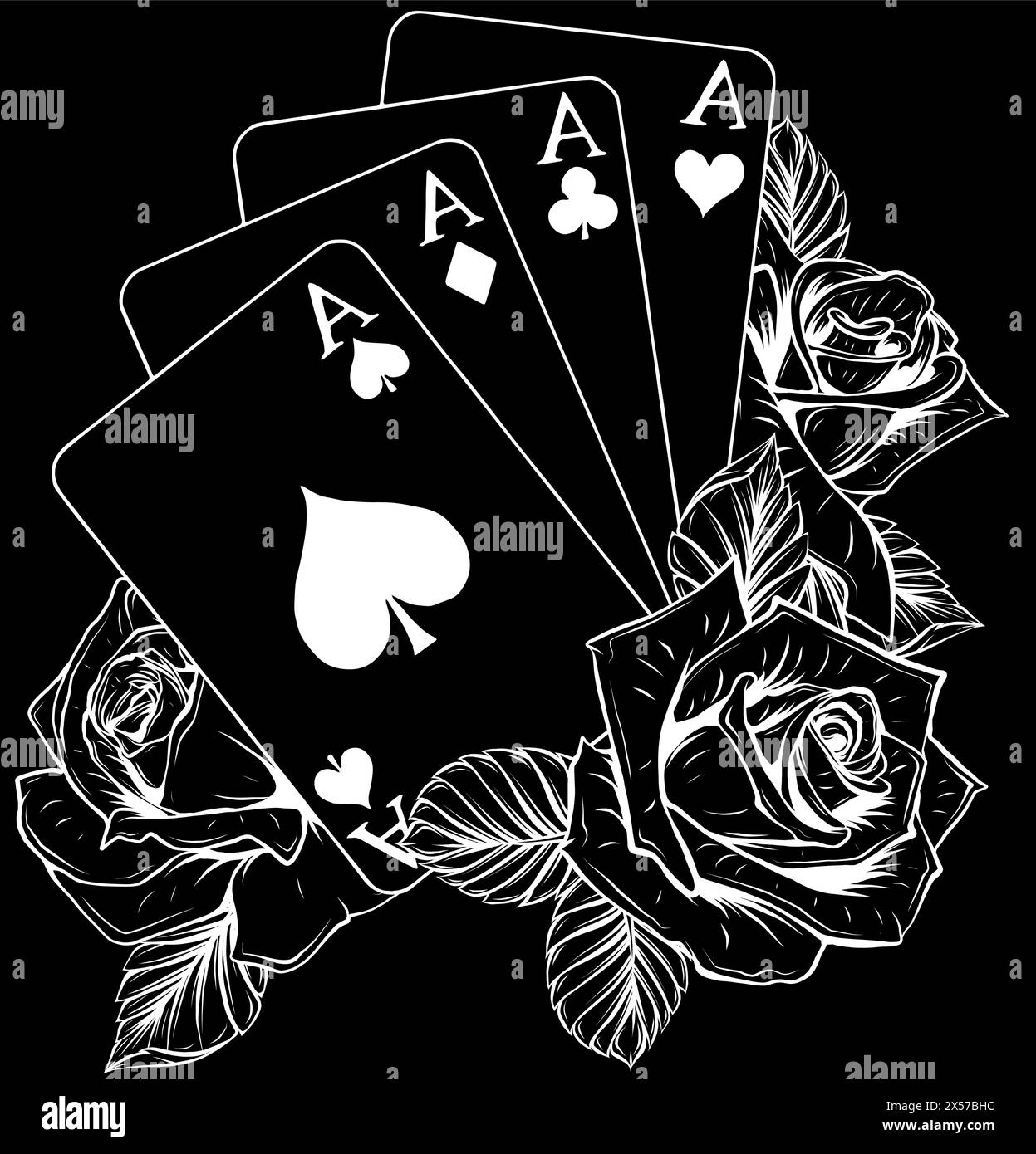 silhouette blanche de tatouage de cartes de poker de quatre aces, sur illustration vectorielle de fond noir Illustration de Vecteur
