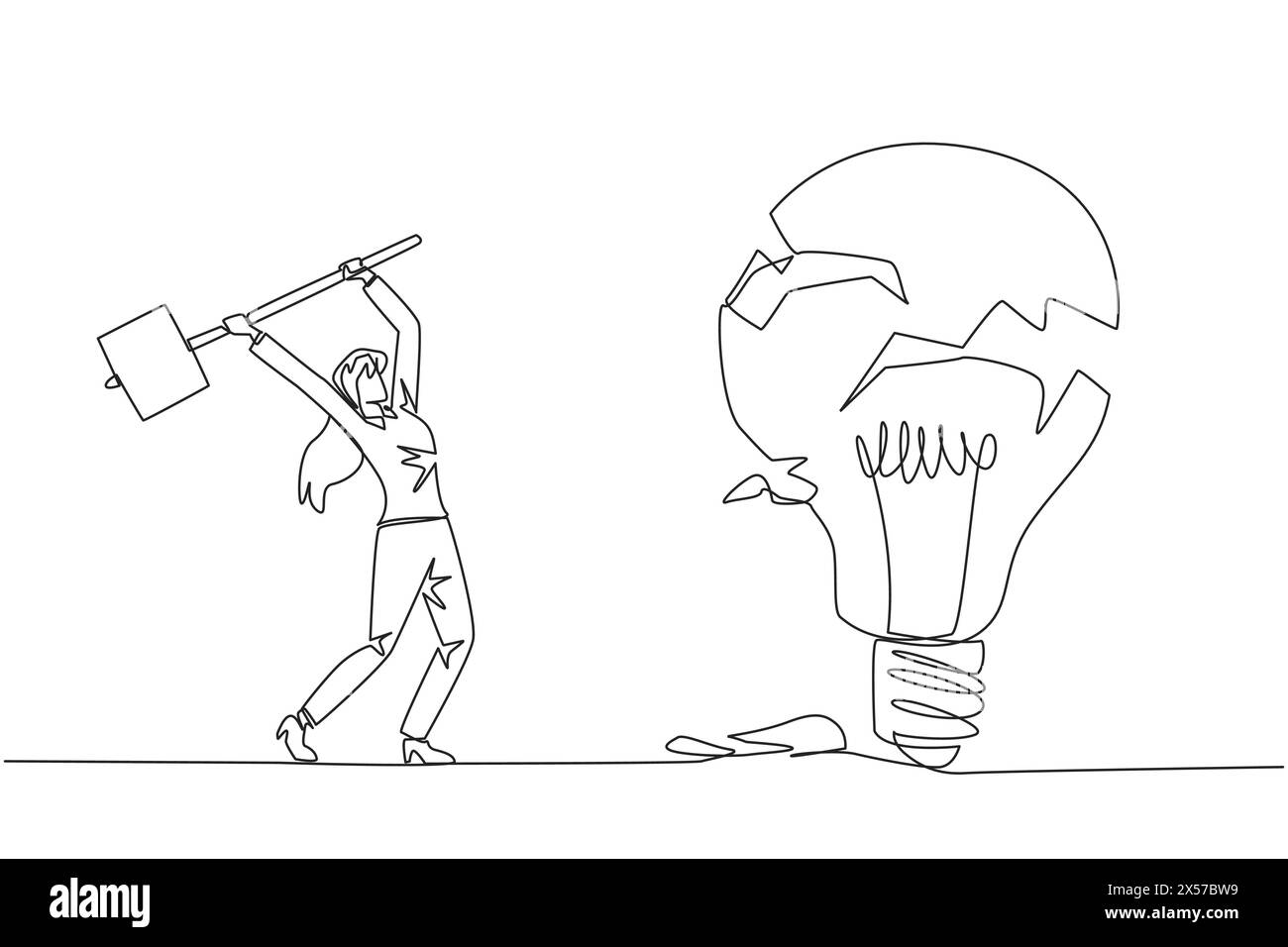 Simple ligne continue dessinant femme d'affaires se préparant à frapper la grande ampoule. La colère écrasante. N'a pas réussi à obtenir une idée commerciale brillante. Destination Illustration de Vecteur