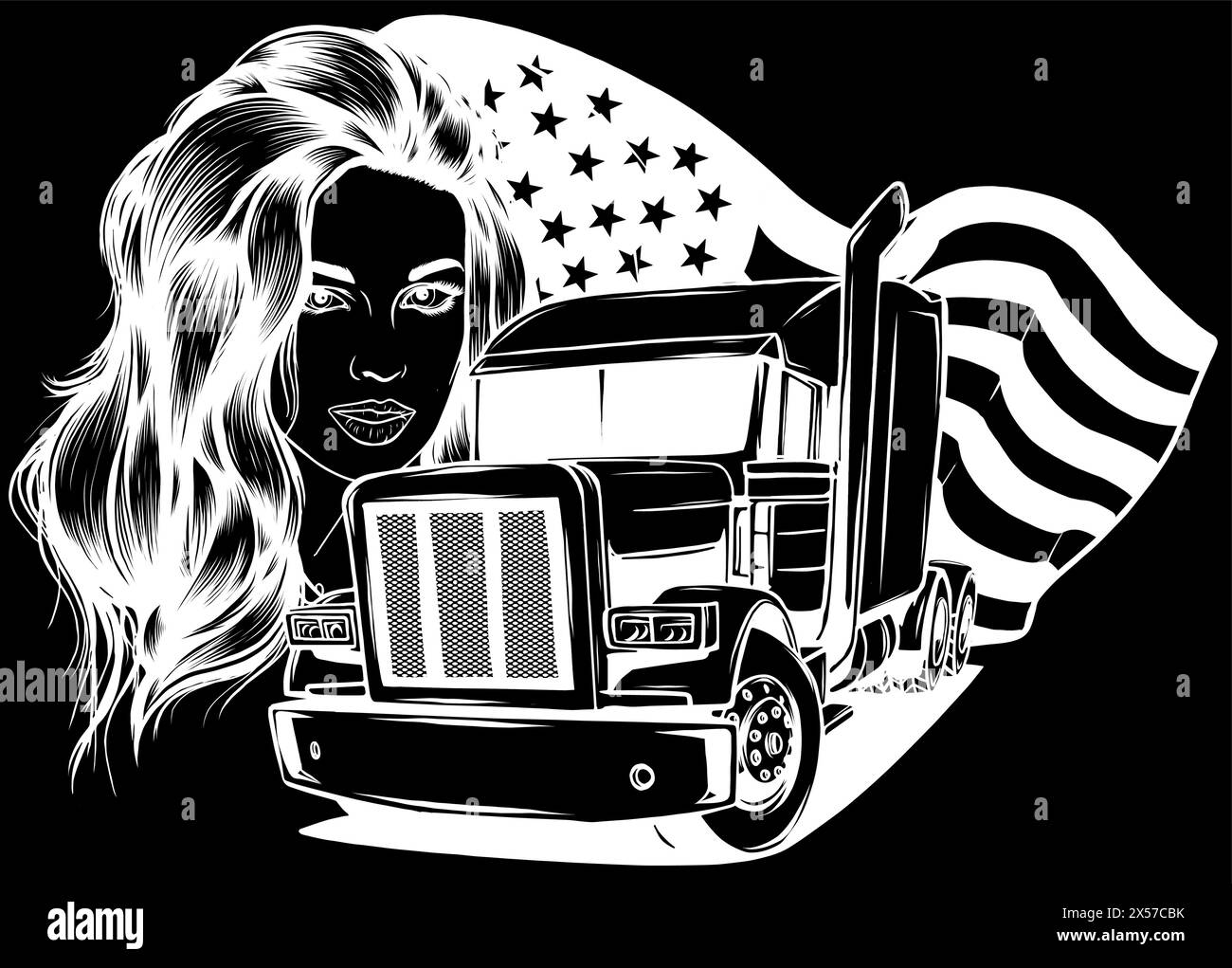 Silhouette blanche de Classic American Truck. Illustration vectorielle avec drapeau américain et femme sur fond noir Illustration de Vecteur