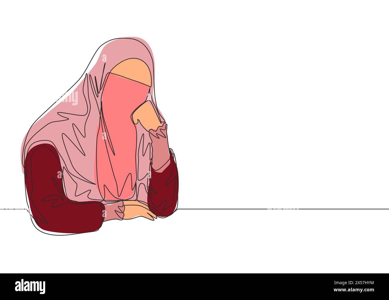 Dessin en ligne continue unique de jeune jolie muslimah saoudienne portant burqa et pensive sérieusement. Femme musulmane traditionnelle niqab avec hijab c Illustration de Vecteur