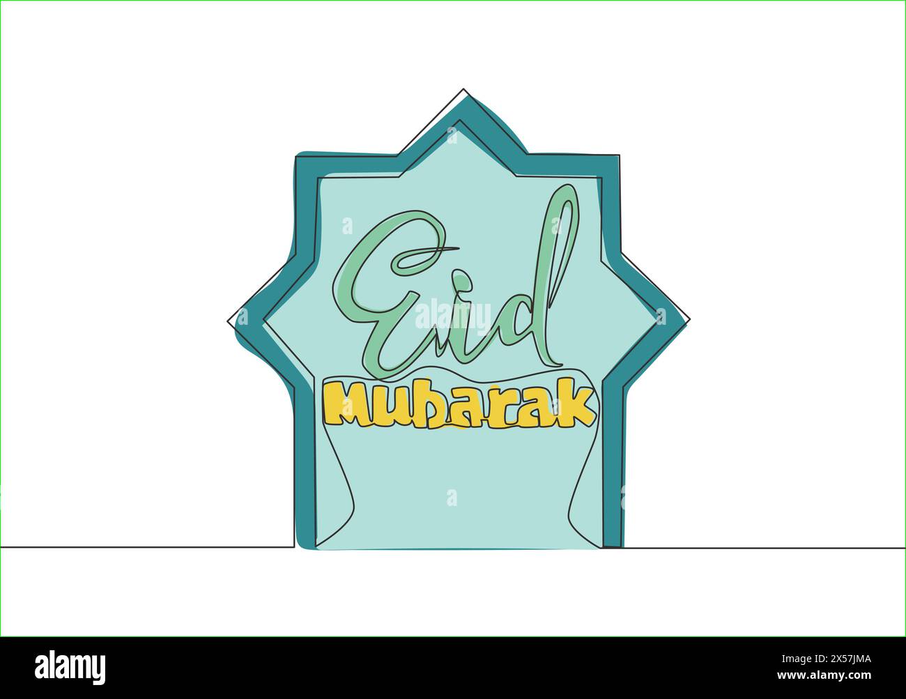 Dessin au trait continu unique du concept Happy Eid Al Fitr Mubarak et Ramadan Kareem. Conception calligraphique de fête islamique pour l'impression, carte de voeux, Illustration de Vecteur