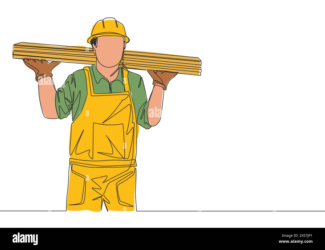 Un dessin au trait continu de jeune bûcheron portant un uniforme, un casque et un gant tout en transportant une pile de bois. Service d'entretien des bâtiments charpentier c Illustration de Vecteur