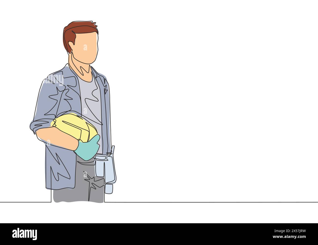 Un dessin simple ligne de jeune constructeur attrayant construisant casque de maintien. Concept de service de construction de bâtiment conception de dessin de ligne continue Ill Illustration de Vecteur