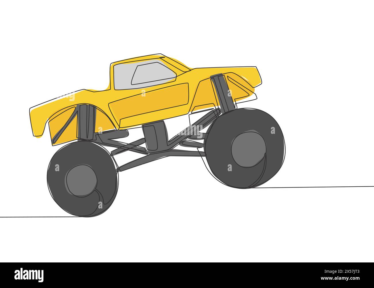 Dessin à une ligne de voiture de camion monstre de direction 4x4 pour la compétition et le tournoi. Concept de transport de véhicule tout-terrain aventure. Une suite Illustration de Vecteur