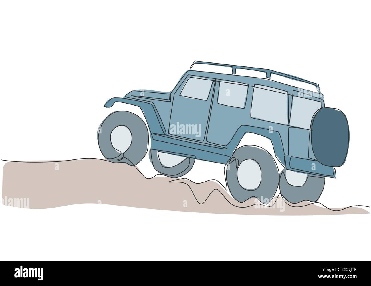 Dessin d'une seule ligne de voiture de jeep de traînée 4x4 de vitesse difficile. Concept de transport de véhicule de rallye aventure tout-terrain. Une conception de dessin de ligne continue Illustration de Vecteur