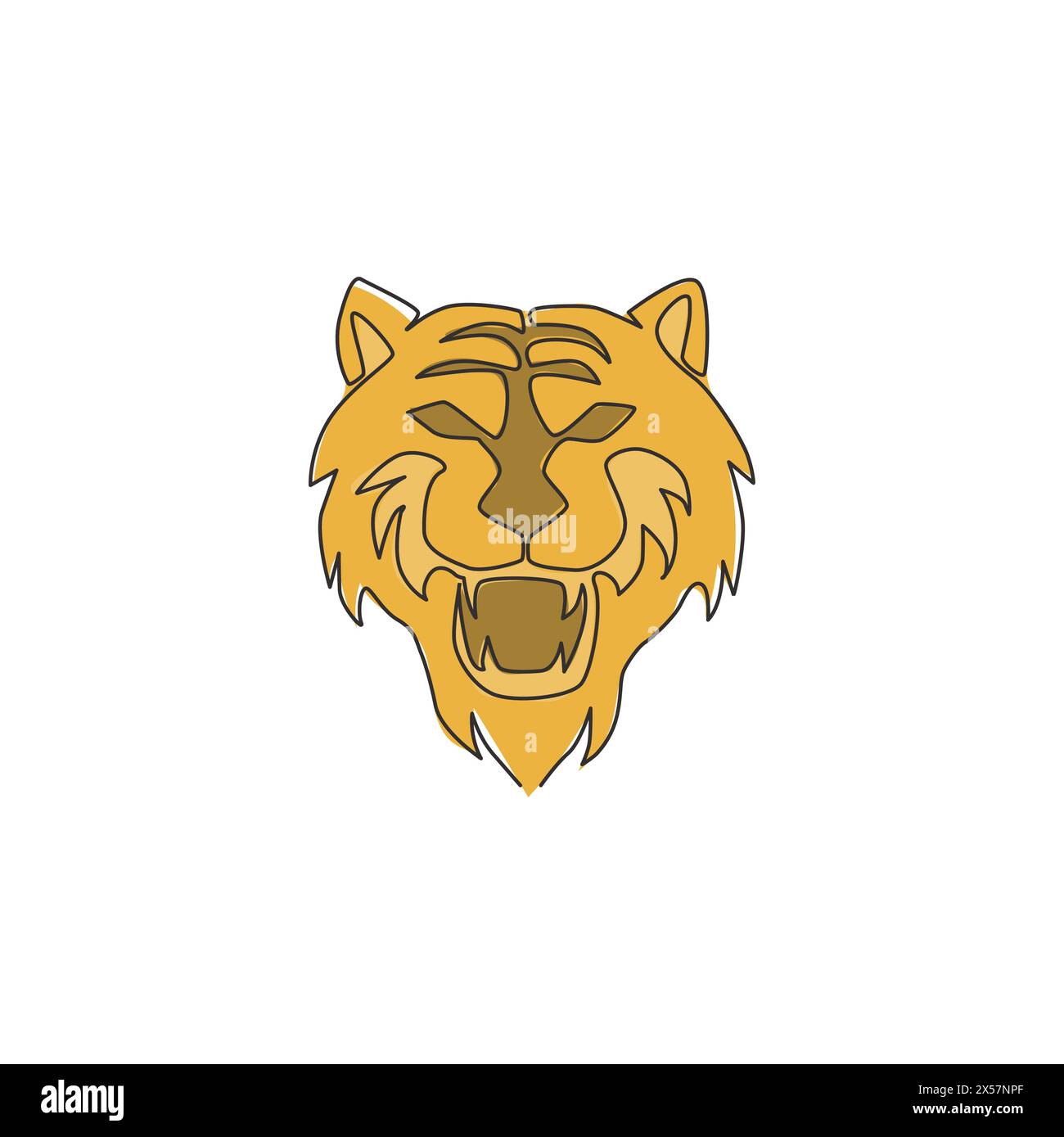 Un dessin d'une seule ligne de tête de tigre de Sumatra sauvage pour l'identité du logo de l'entreprise. Concept fort de mascotte animale de gros chat du Bengale pour la conservation nationale p Illustration de Vecteur