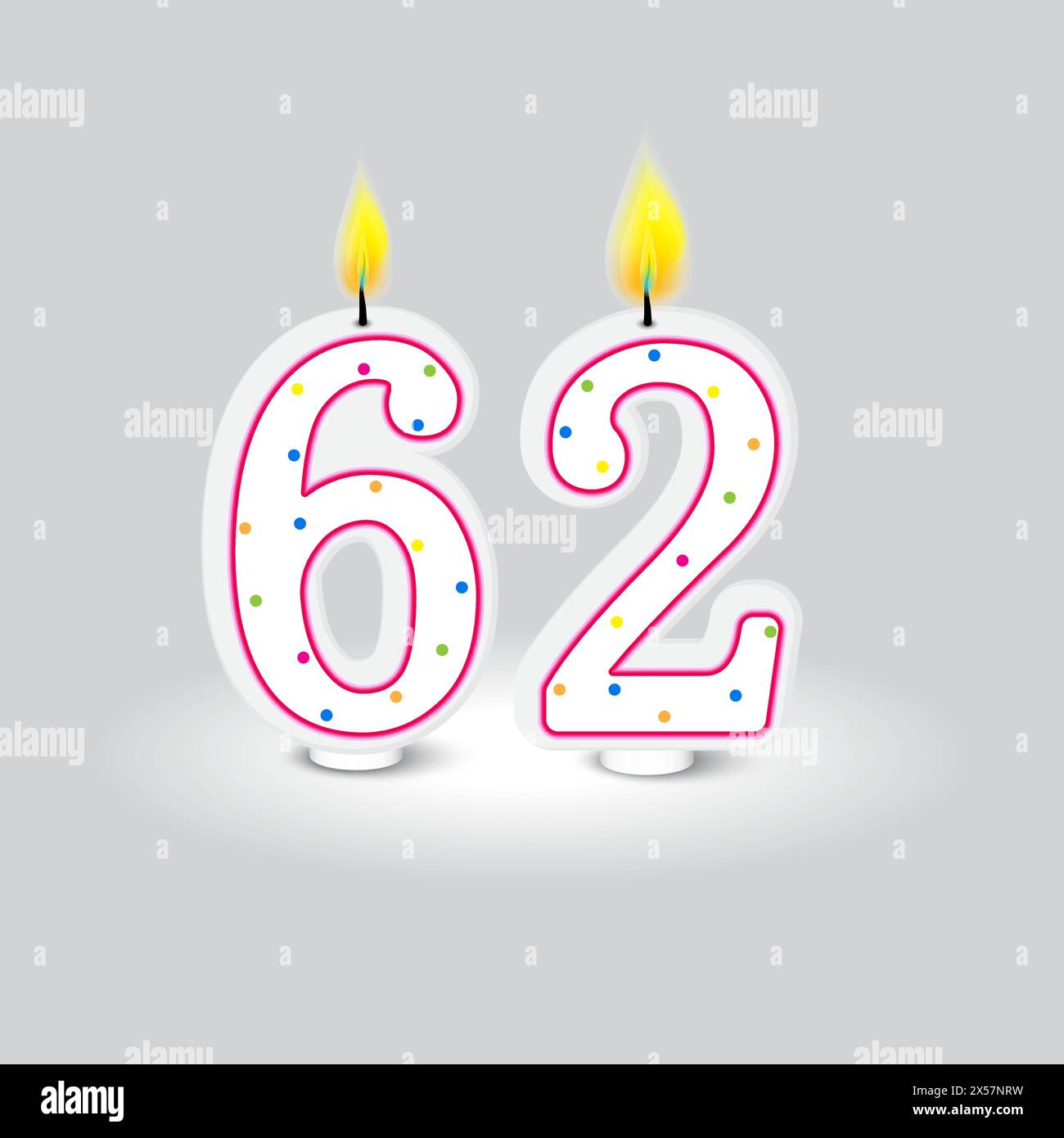 Numéros de bougie d'anniversaire 62. Dessus de lampe à gradient. Points colorés. Illustration vectorielle. Illustration de Vecteur