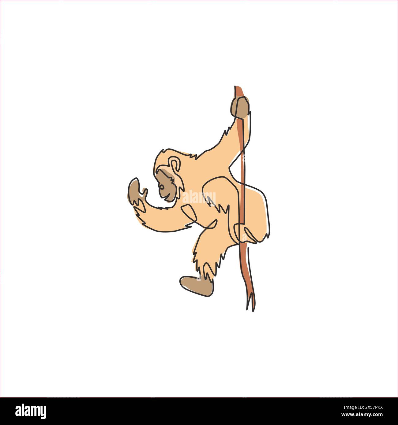 Un dessin en ligne continue de chimpanzé mignon accroché sur une branche d'arbre pour l'identité du logo de la jungle de conservation. Adorable concept de mascotte pour parc national Illustration de Vecteur