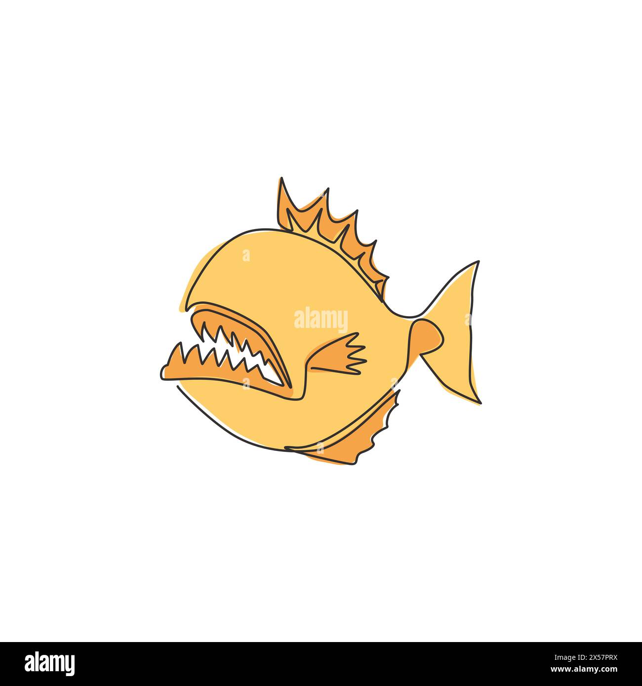Dessin de ligne continue unique de piranha sauvage et féroce pour l'identité de logo. Concept de mascotte de poisson monstre pour avertir l'icône de signe de rivière dangereuse. Un Li Illustration de Vecteur