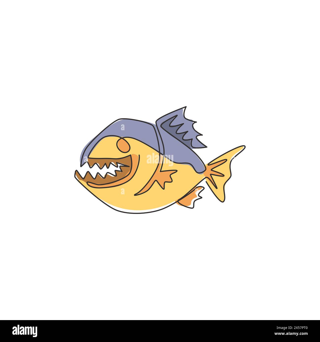 Un dessin simple ligne de piranha en colère pour l'identité du logo. Concept de mascotte de poisson de rivière Amazone pour icône de créature monstre. Dessin graphique en ligne continue d Illustration de Vecteur