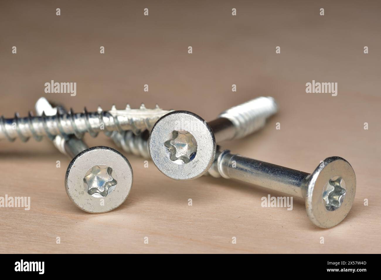 Vis à bois à tête plate galvanisée. Vis à bois à filetage grossier à douille Torx. Banque D'Images