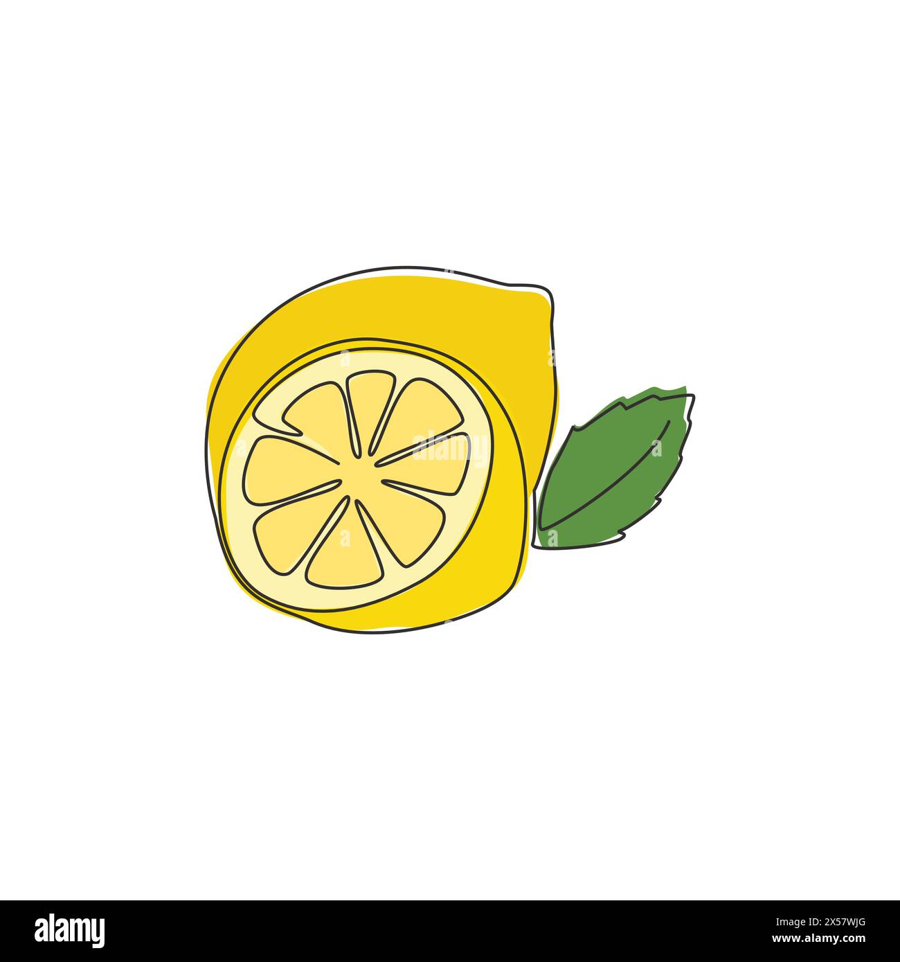 Dessin en ligne continue unique de citron biologique sain entier et tranché pour l'identité du logo du verger. Concept de fruitage de zeste frais pour icône de jardin de fruits. Illustration de Vecteur