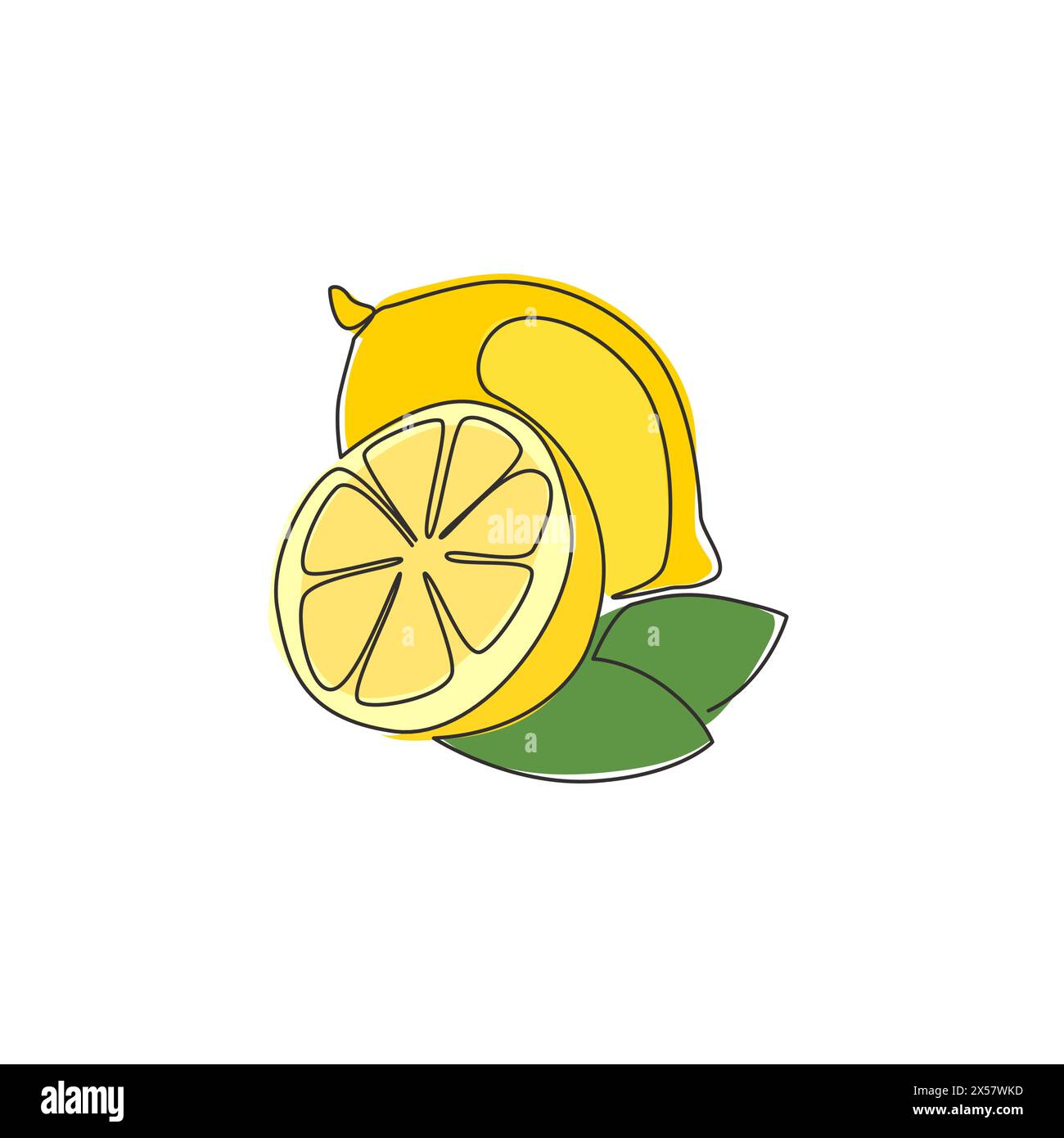 Dessin en ligne continue unique de citron biologique sain entier et tranché pour l'identité du logo du verger. Concept de fruitage de zeste frais pour icône de jardin de fruits. Illustration de Vecteur