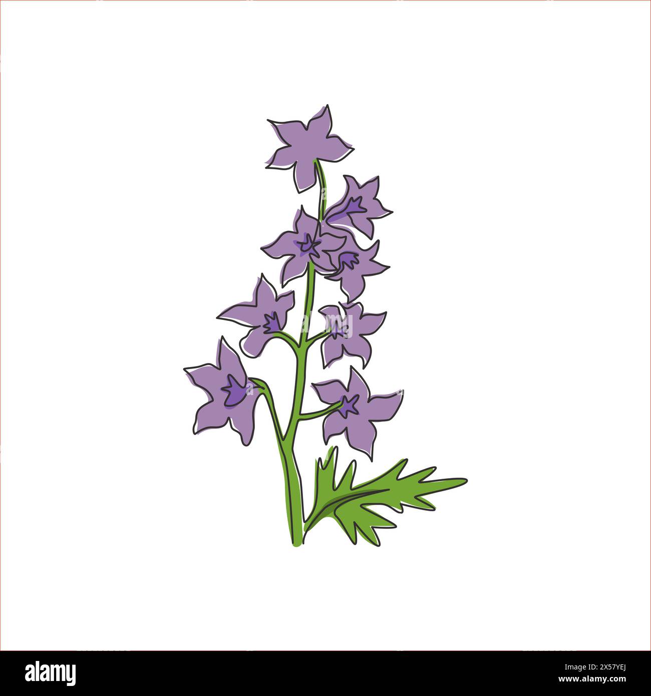 Une ligne continue dessinant Beauty Fresh larkspur pour la décoration maison mur art imprimé poster. Delphinium décoratif de fleurs vivaces pour invitation de mariage Illustration de Vecteur