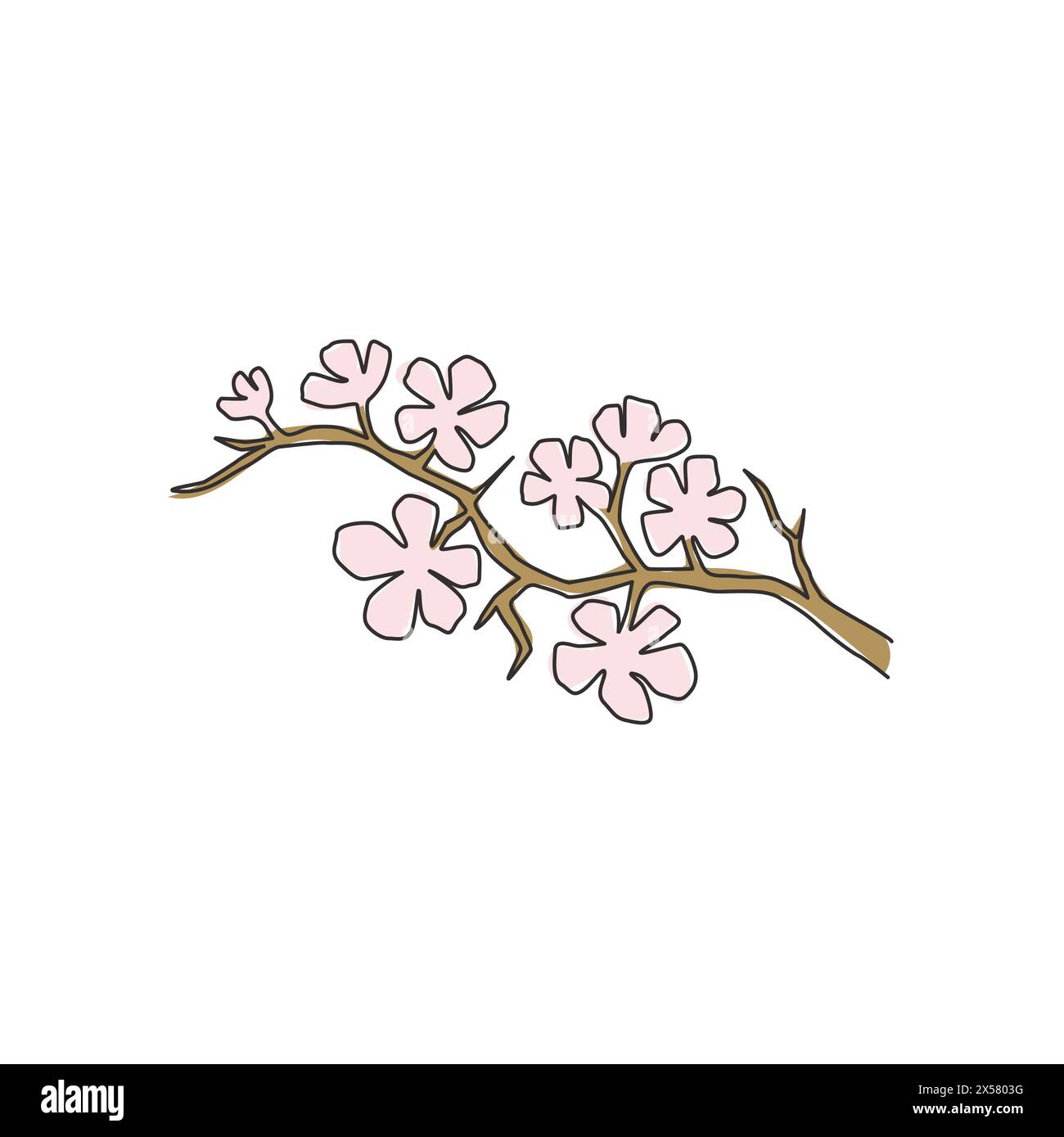 Un dessin en ligne continue de beauté fraîche fleur de cerisier pour le logo de jardin. Fleur décorative imprimable de sakura pour impression d'affiche d'art de décoration murale à la maison. M Illustration de Vecteur