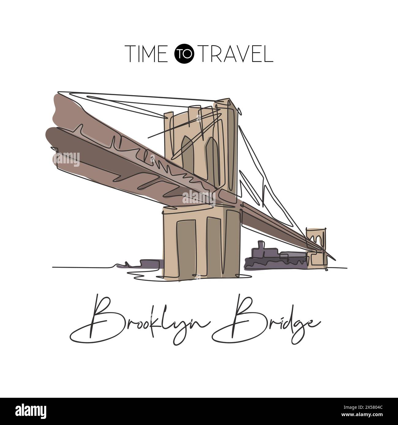 Une seule ligne dessinant le point de repère du pont de Brooklyn. Lieu de renommée mondiale à New York, États-Unis. Tourisme voyage carte postale décoration murale maison affiche d'art. Moderne Illustration de Vecteur