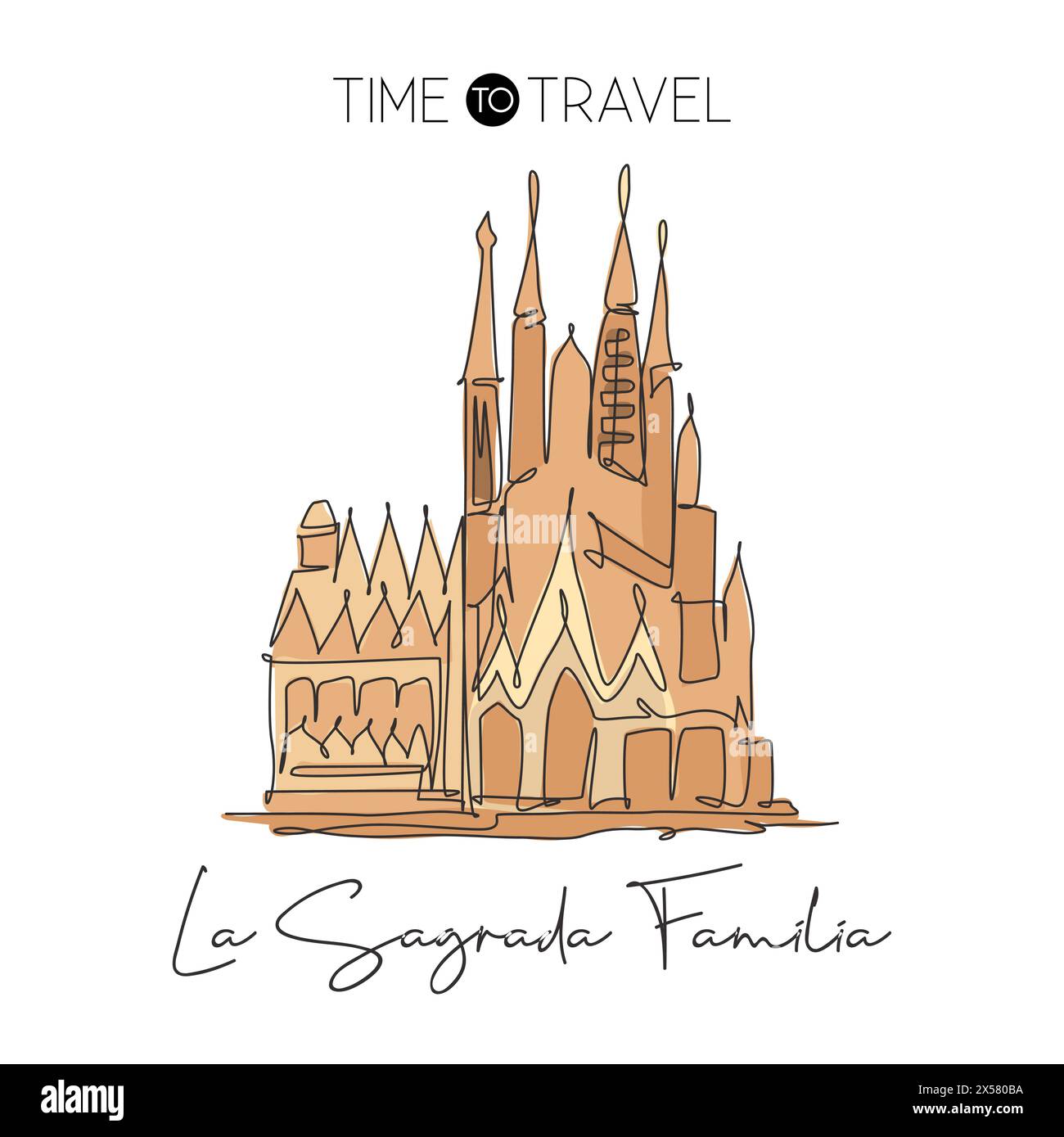 Depok, Indonésie - 7 août 2019 : dessin au trait continu unique du monument de la Basilique de la Sagrada Familia. Bel endroit célèbre à Barcelone, Spa Illustration de Vecteur
