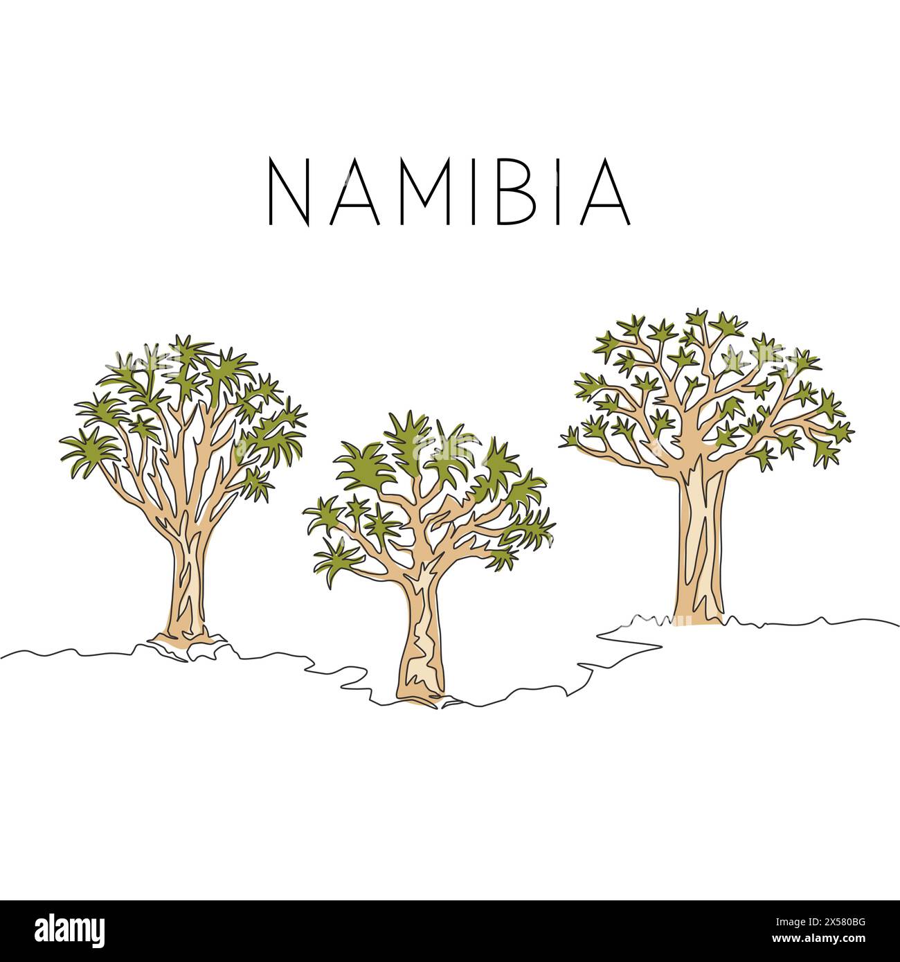 Dessin d'une seule ligne continue de forêt d'arbres carquois. Dichotomum décoratif d'aloidendron pour décoration maison mur art imprimé poster. Série tourisme et voyage Illustration de Vecteur