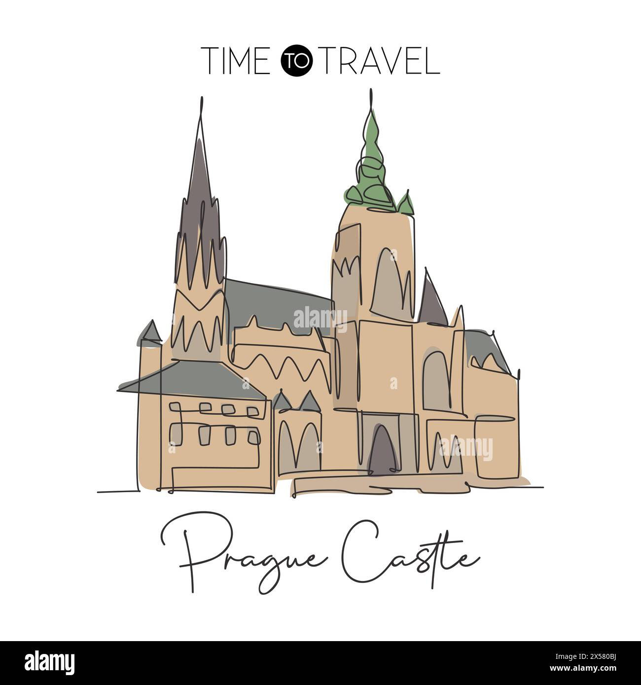 Une seule ligne dessinant le château de Prague. Bâtiment emblématique mondialement connu en République tchèque. Tourisme voyage carte postale décoration murale concept d'affiche Illustration de Vecteur