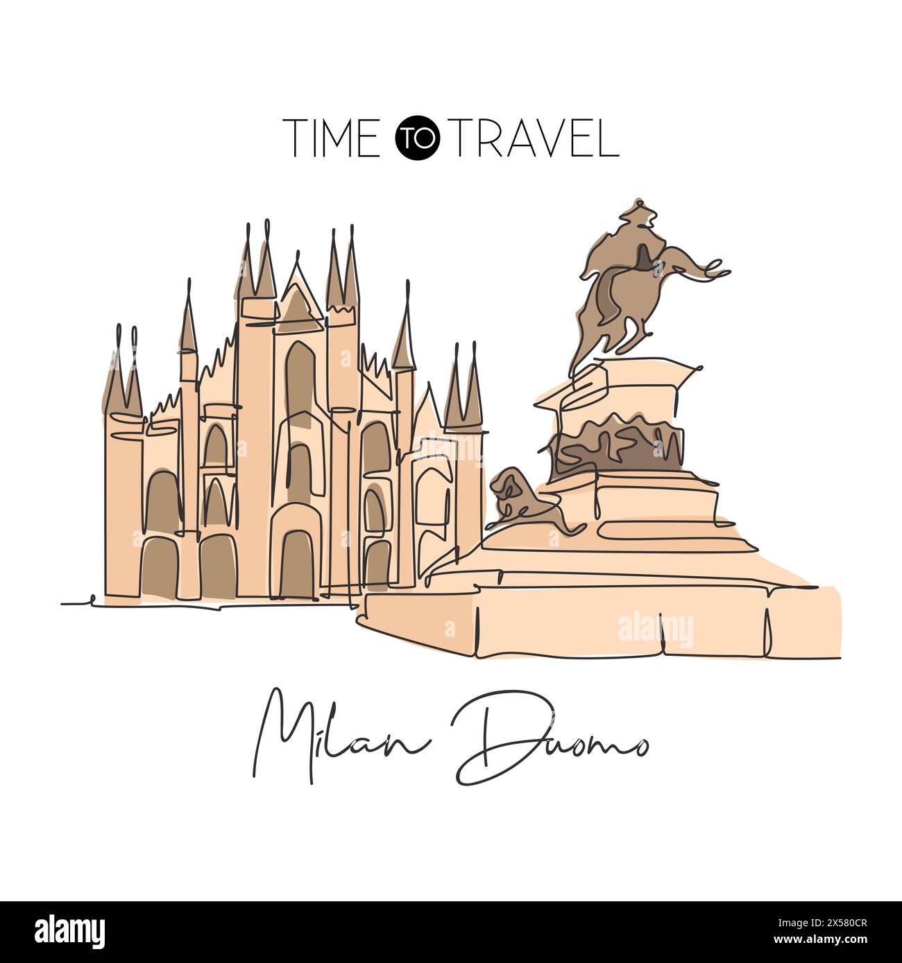 Dessin en ligne continue unique du monument Duomo di Milano. Bel endroit célèbre à Milan, Italie. Tour du monde voyage maison décoration mur art concept d'affiche. Illustration de Vecteur