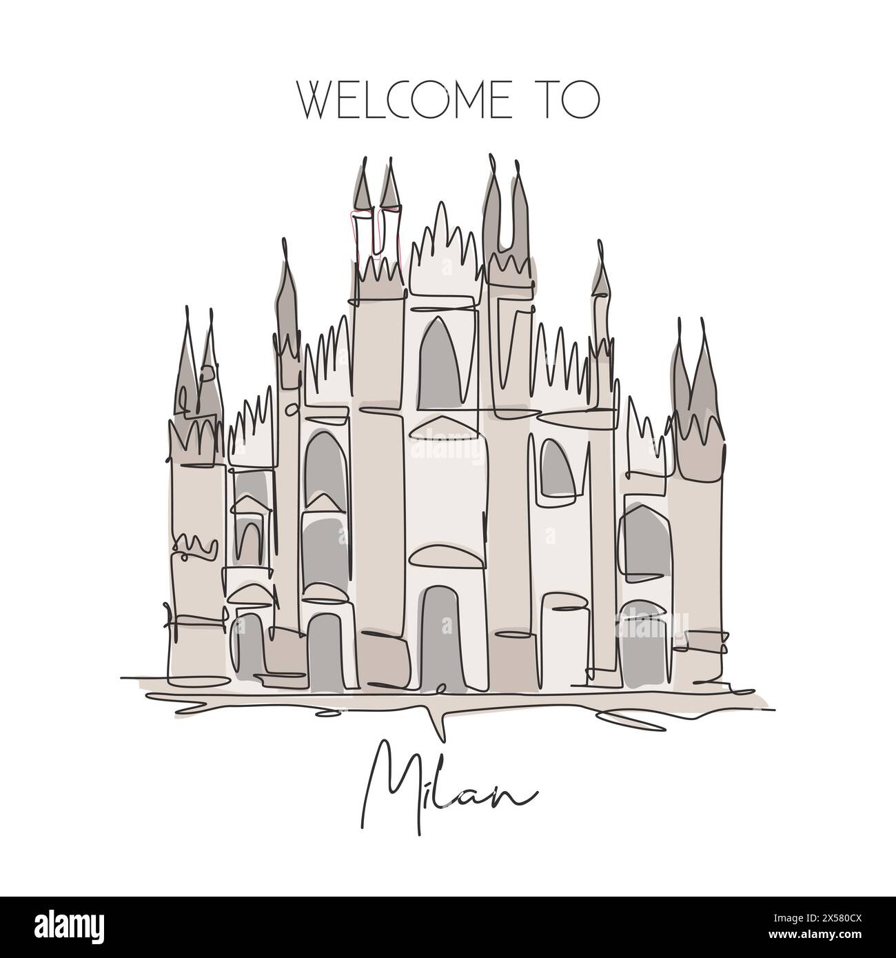 Une seule ligne dessinant le monument du Duomo di Milano. Lieu de renommée mondiale à Milan, Italie. Tourisme voyage carte postale décoration murale concept d'affiche. Moderne c Illustration de Vecteur