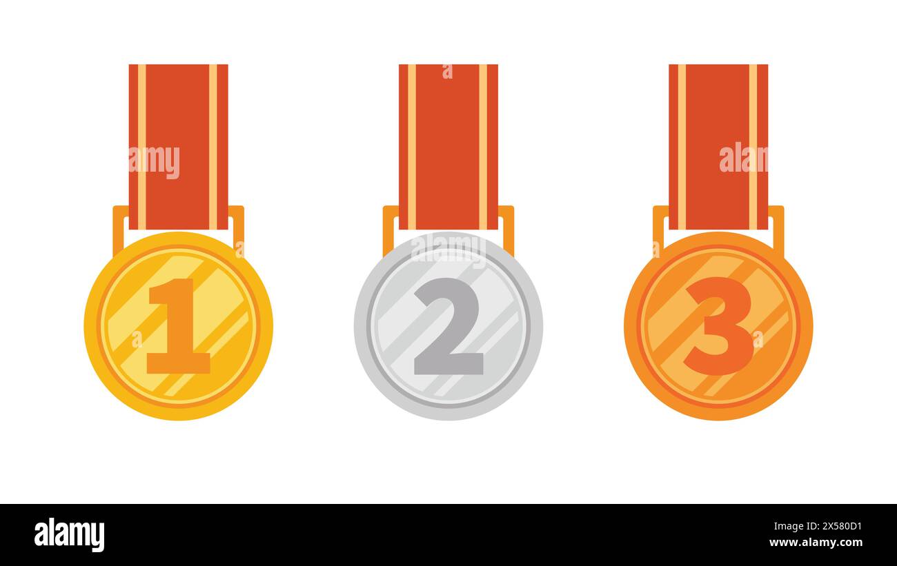 Trois médailles avec les numéros 1, 2 et 3. Les médailles sont en or, argent et bronze Illustration de Vecteur