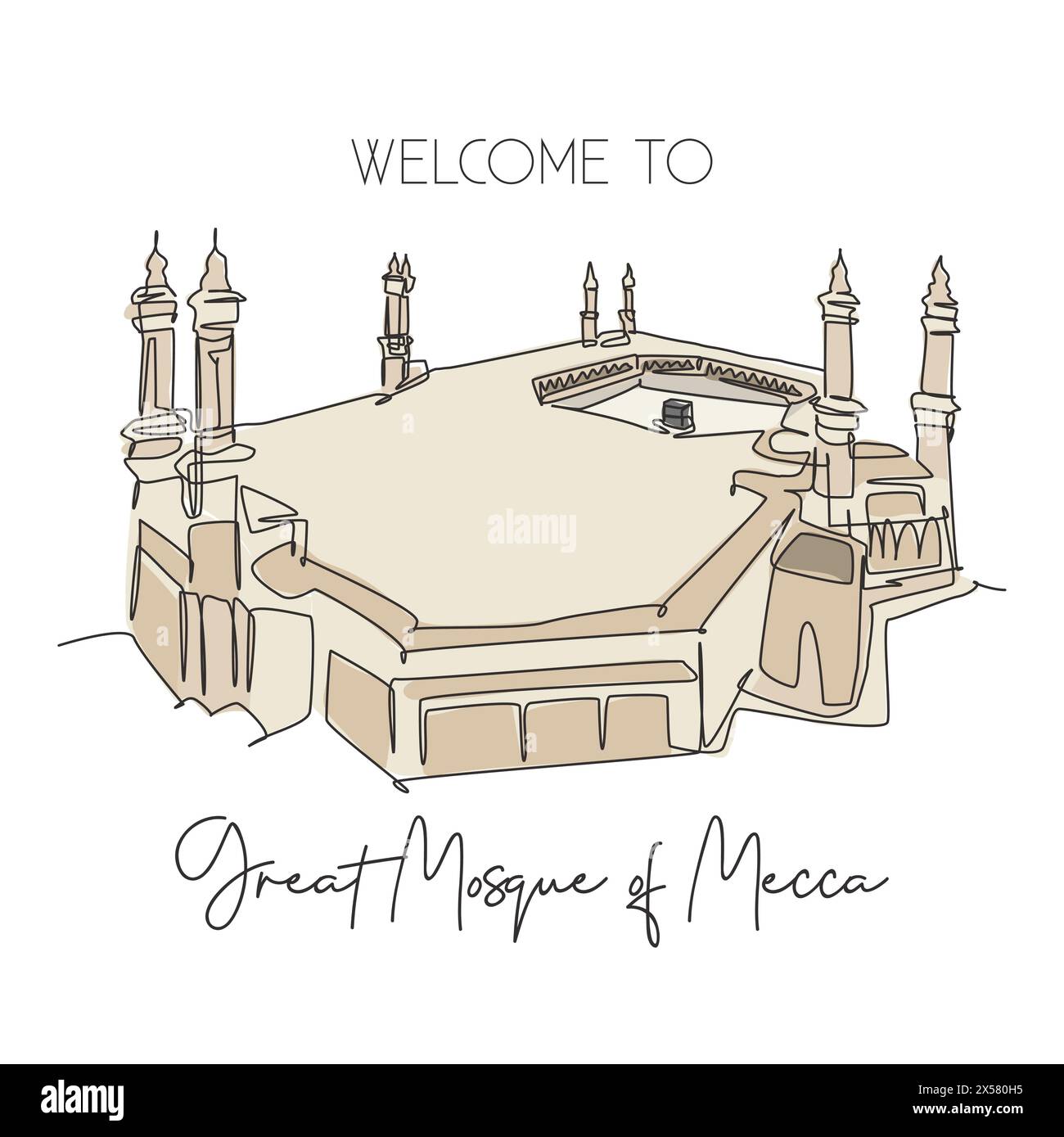 Une ligne continue dessinant la grande mosquée du monument masjid al Haram. Lieu célèbre à la Mecque, Arabie Saoudite. Hajj umrah mur décor poster concept d'art. T Illustration de Vecteur
