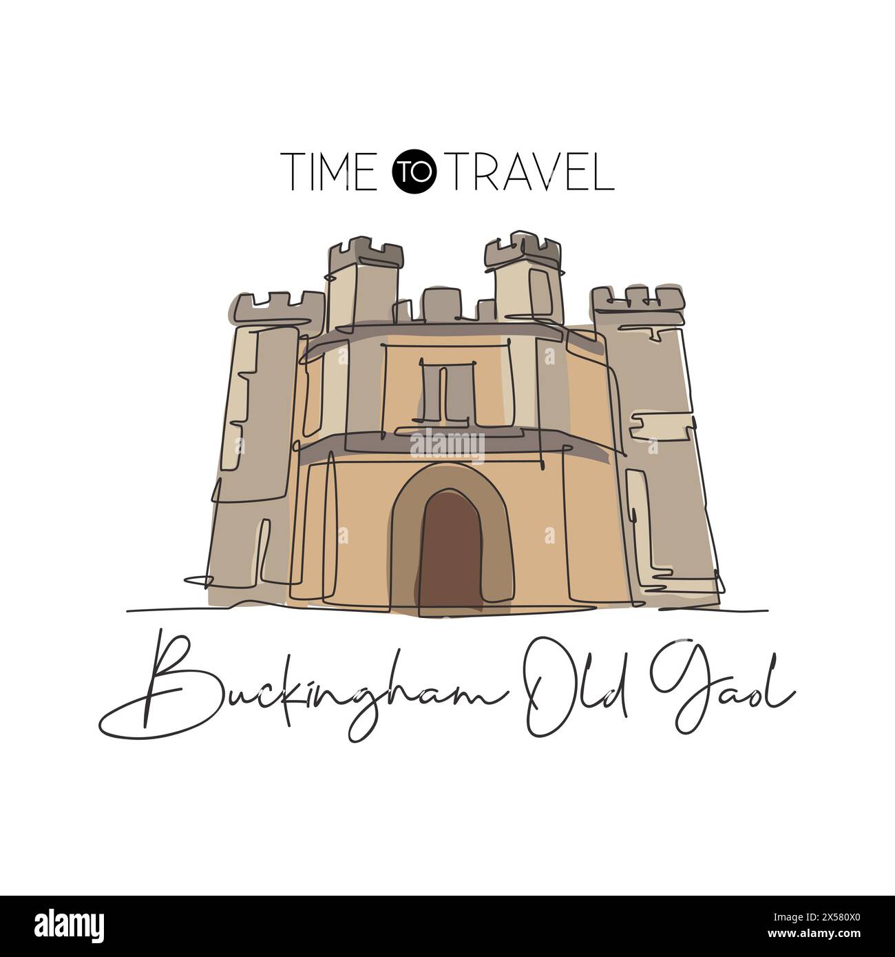 Dessin en ligne continue unique Buckingham Old Gaol. Célèbre musée dans le Buckinghamshire, Angleterre. Concept d'impression d'affiche d'art mural de voyage à la maison. Illustration de Vecteur