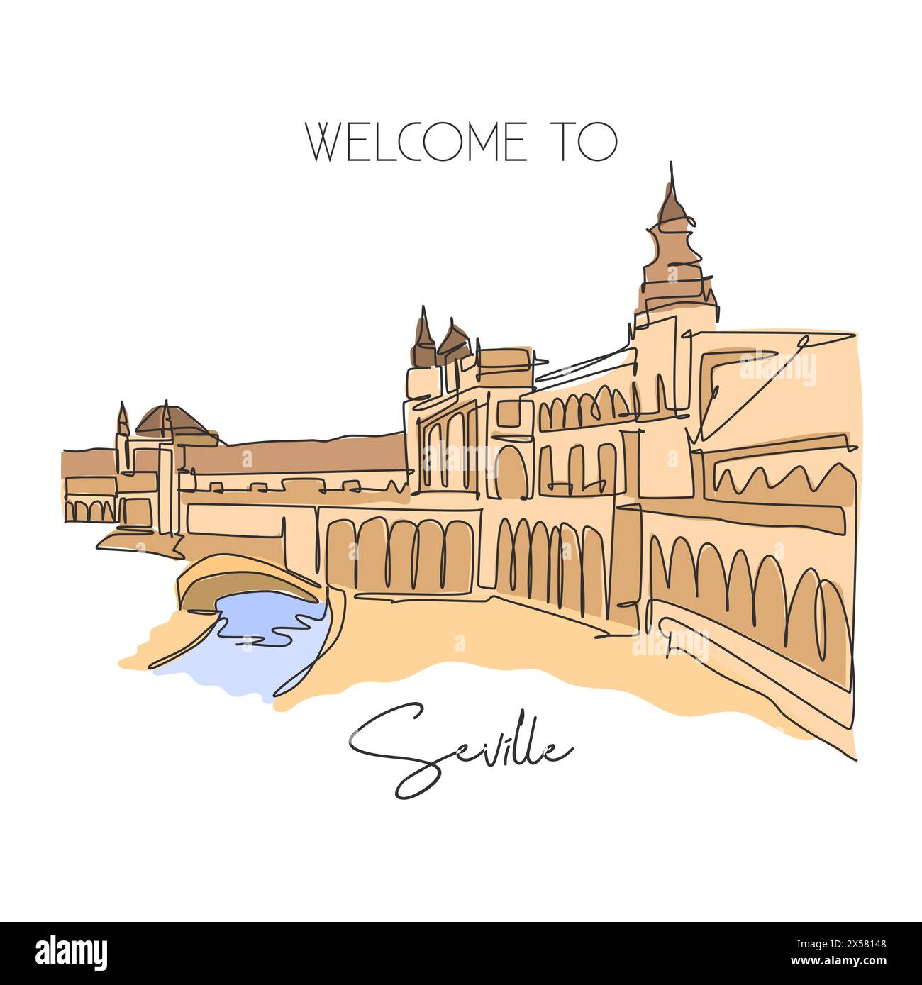 Une ligne continue dessinant le point de repère de la Plaza de Espana. Lieu emblématique du monde à Séville en Espagne. Vacances maison de vacances décoration murale art poster concept d'impression. Illustration de Vecteur