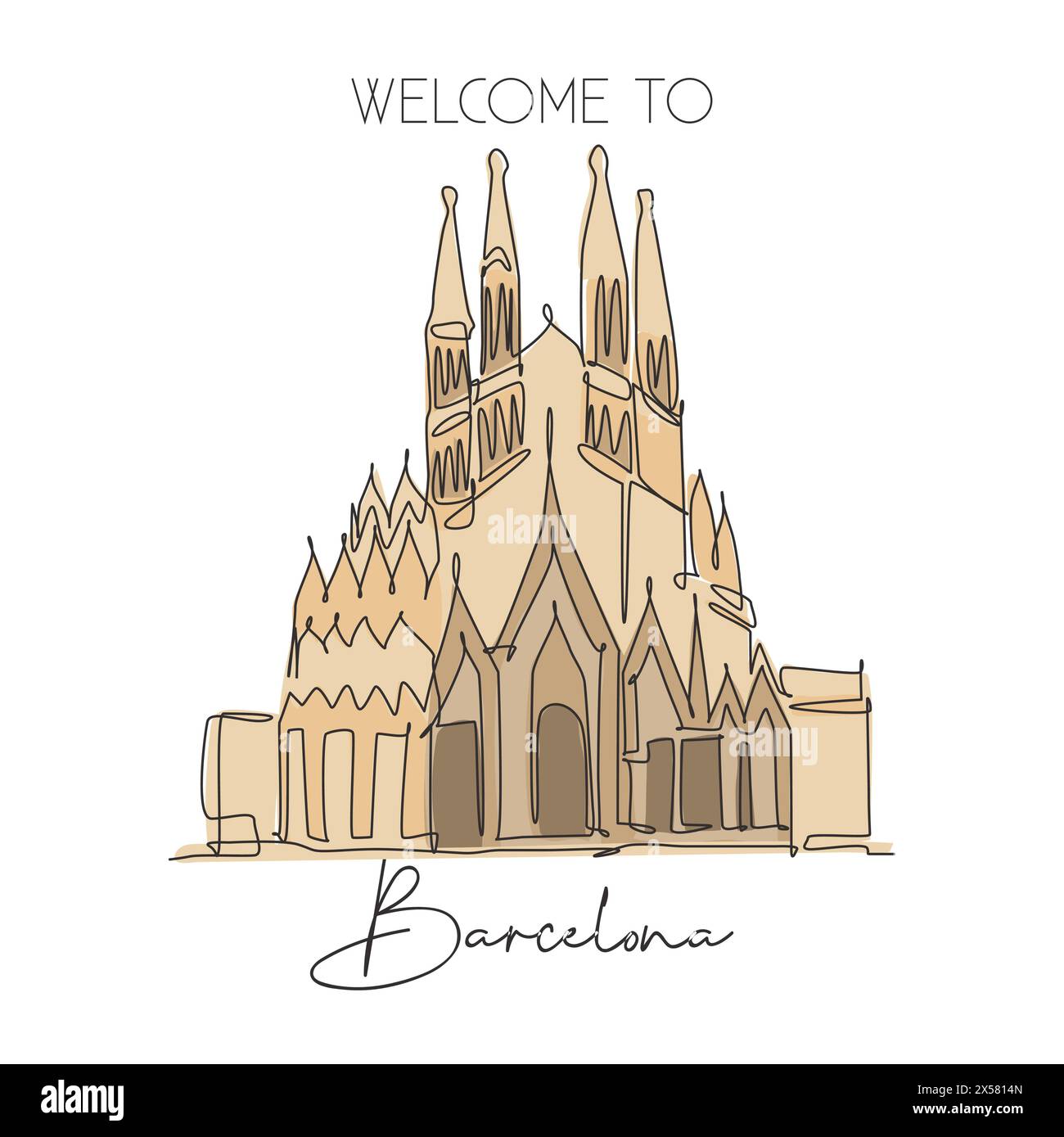 Depok, Indonésie - 7 août 2019 : un seul dessin de bienvenue à la Basilique de la Sagrada Familia. Lieu de renommée mondiale à Barcelone, Spa Illustration de Vecteur