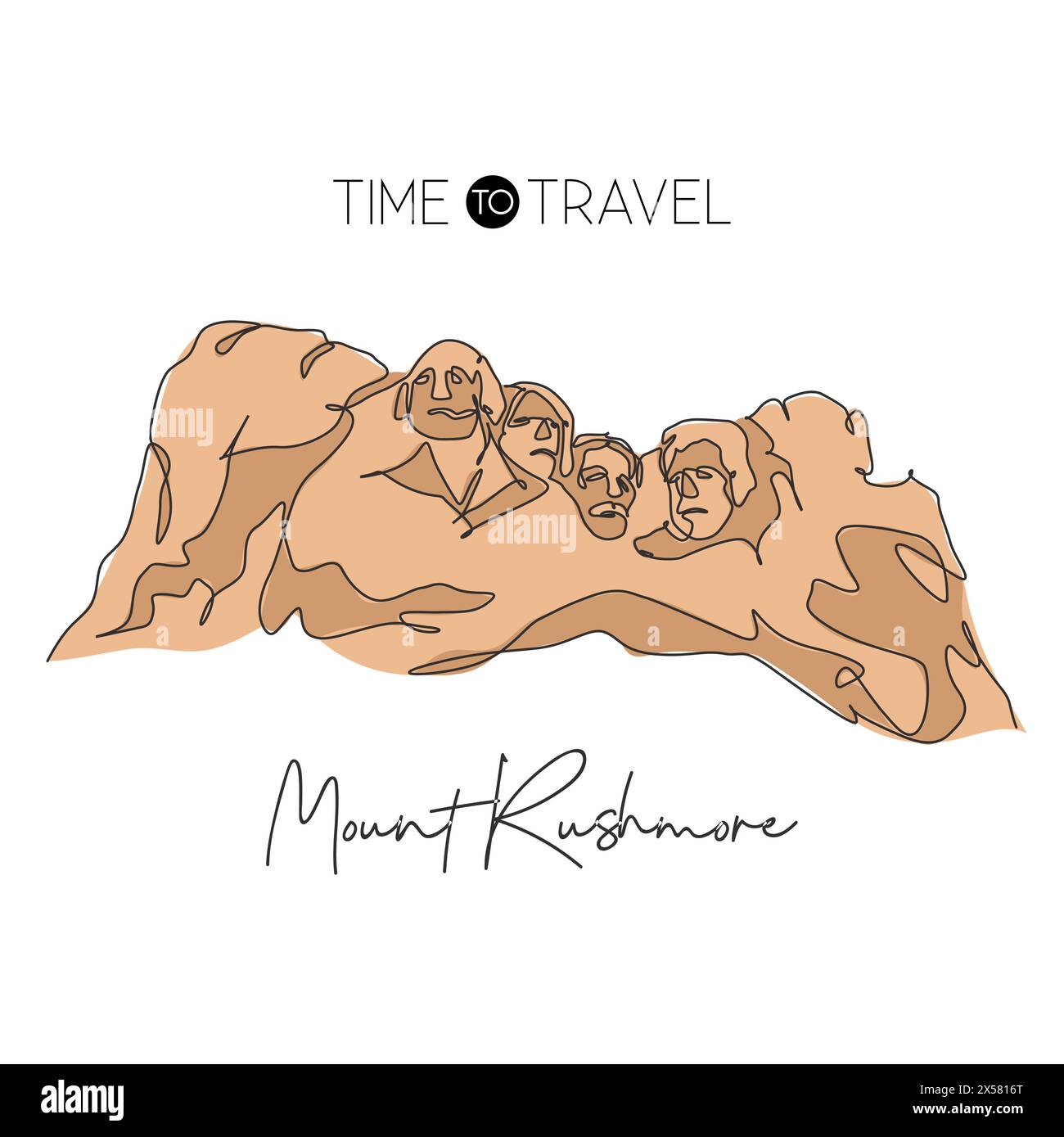 Une seule ligne dessinant le monument commémoratif national du mont Rushmore. Lieu de renommée mondiale aux États-Unis. Concept de décoration murale de maison de carte postale de tourisme. Moderne Illustration de Vecteur