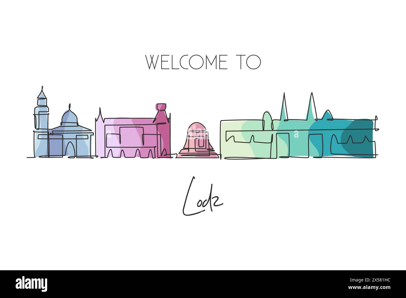 Dessin au trait continu unique de l'horizon de la ville de Lodz, Pologne. Célèbre carte postale de paysage de gratte-ciel. Affiche de décoration murale de maison concept de voyage du monde. Editab Illustration de Vecteur