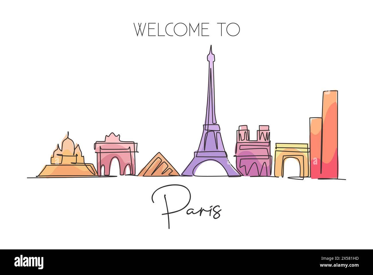 Dessin au trait continu unique de l'horizon de la ville de Paris, France. Paysage de gratte-ciel célèbre dans le monde. Concept artistique d'impression d'affiche de décoration murale de voyage du monde. Illustration de Vecteur