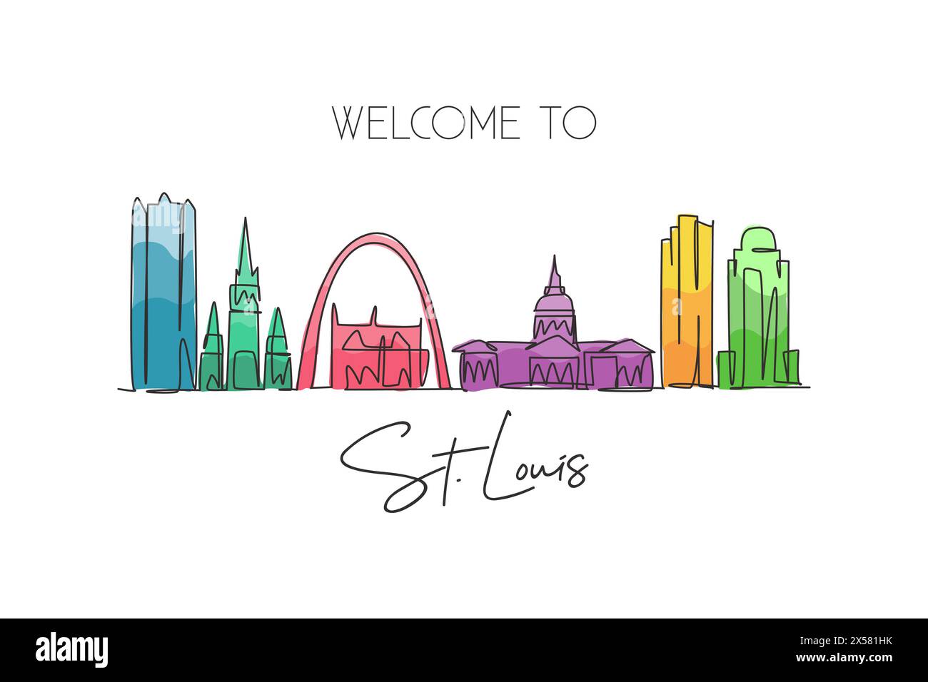 Un dessin sur une ligne de la ville de Louis Skyline, USA. Paysage de ville historique dans le monde. Meilleure affiche de destination de vacances. Tendance d'éjection systolique modifiable Illustration de Vecteur