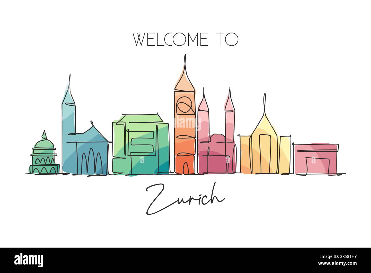 Un dessin au trait continu de la ville de Zurich, Suisse. Beau gratte-ciel. Paysage mondial tourisme voyage maison décoration murale impression affiche. St. Illustration de Vecteur