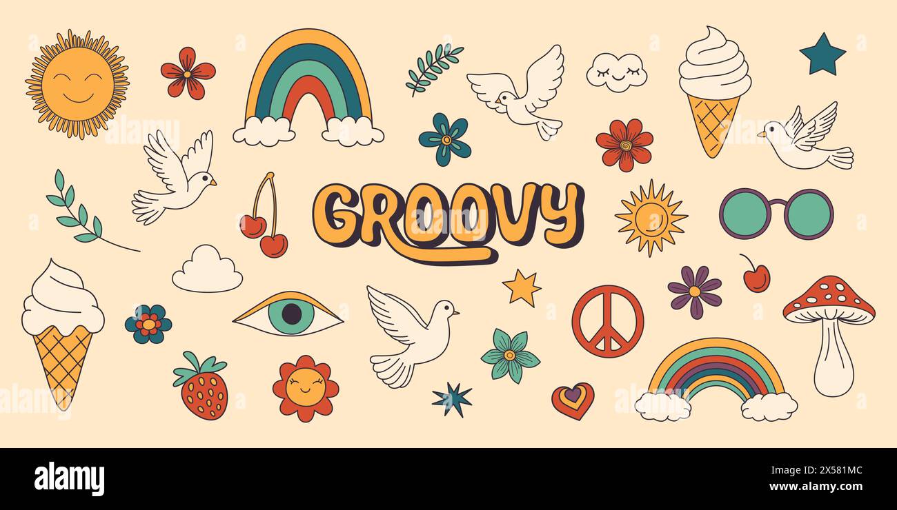 Icônes Vintage Groovy vectorielles et éléments de conception pour affiche, Sticker Design. Symbole rétro dans le style hippie des années 70, champignon, fleurs, oeil, paix anti-guerre Illustration de Vecteur Icônes Vintage Groovy vectorielles et éléments de conception pour affiche, Sticker Design. Symbole rétro dans le style hippie des années 70, champignon, fleurs, oeil, paix anti-guerre Illustration de Vecteur