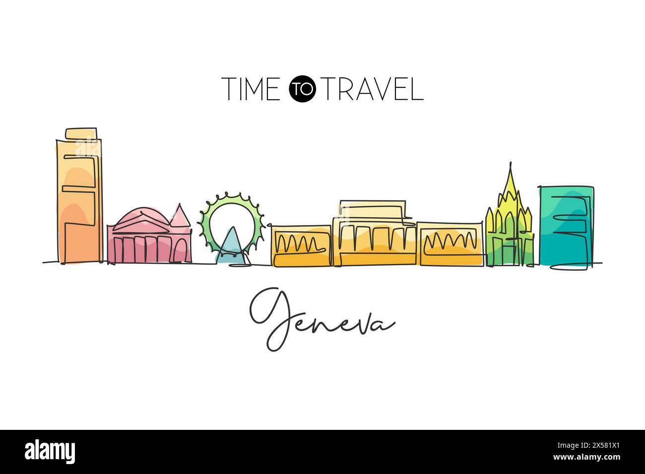 Un dessin au trait de la ville de Genève, Suisse. Paysage historique dans le monde. Affiche décorative murale de la meilleure destination de vacances. Tendance modifiable Illustration de Vecteur