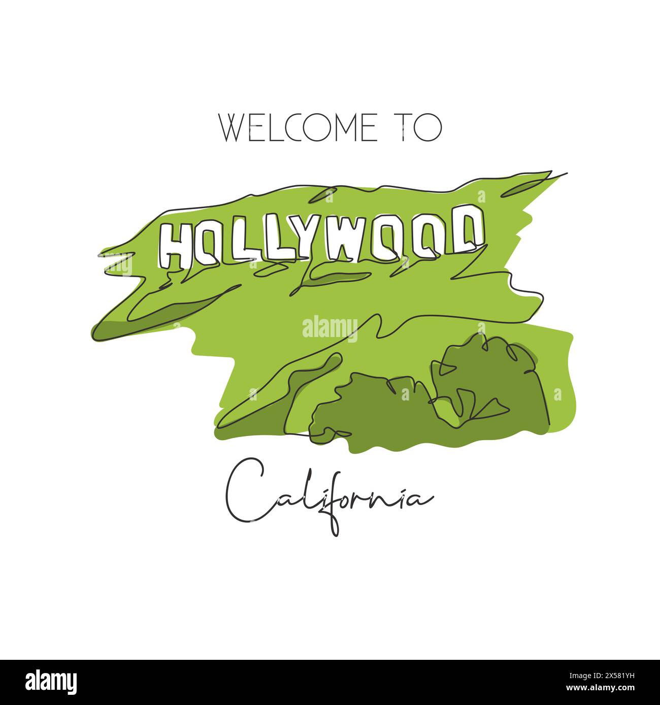 Depok, Indonésie - 2 août 2019 : dessin en ligne continue unique du repère Hollywood. Célèbre endroit à Los Angeles, Californie, États-Unis. Décoration Illustration de Vecteur