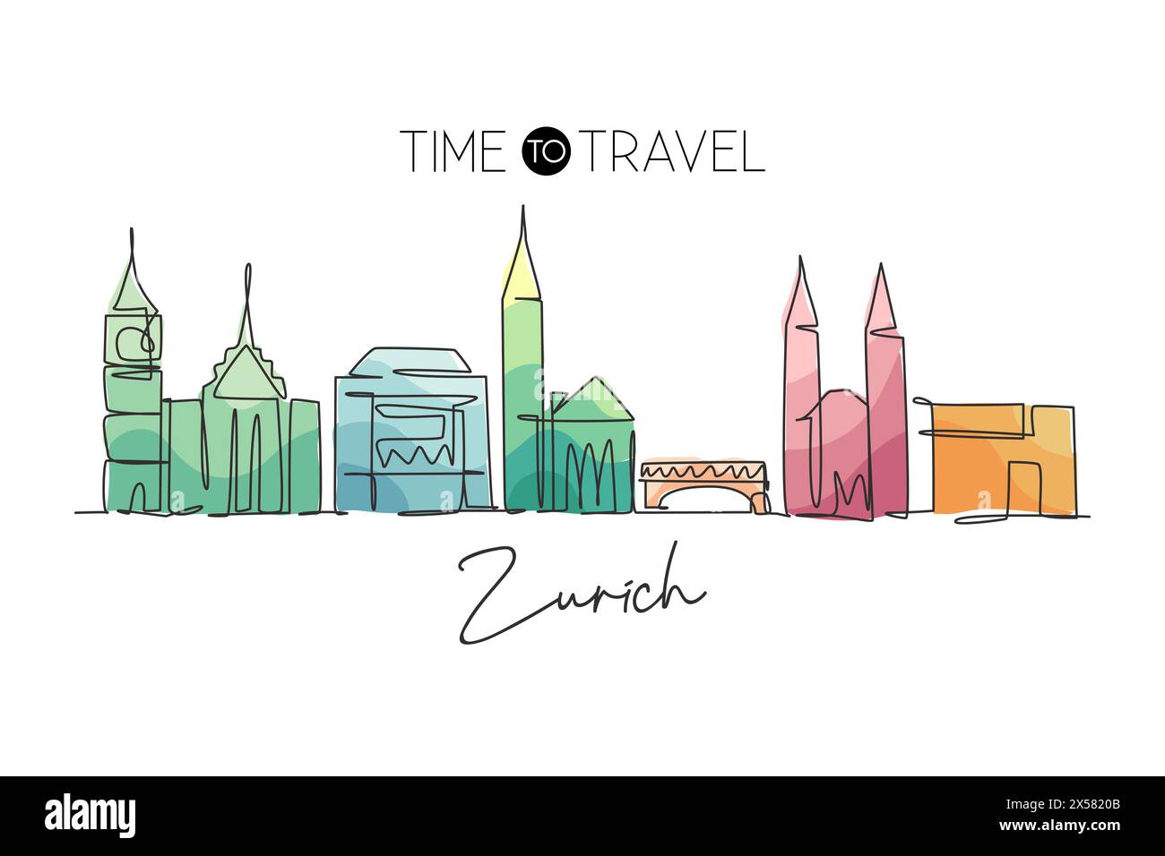 Dessin au trait continu unique de la ville de Zurich, Suisse. Célèbre carte postale de paysage de gratte-ciel. Affiche de décoration murale de maison concept de voyage du monde. Illustration de Vecteur