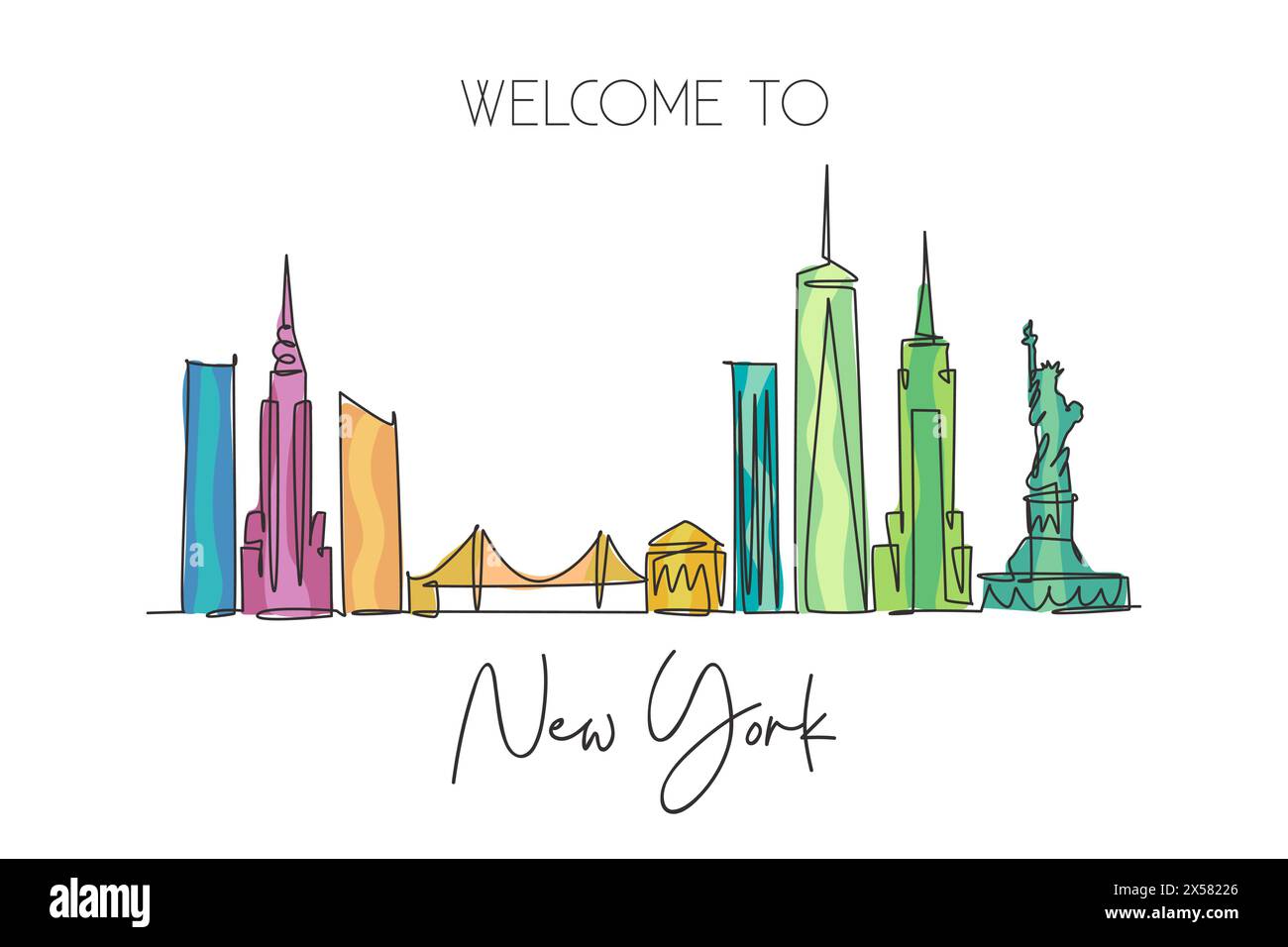 Un dessin au trait continu de l'horizon de la ville de New York, États-Unis d'Amérique. Magnifique point de repère de la ville. Vacances paysagères du monde. Style modifiable Illustration de Vecteur