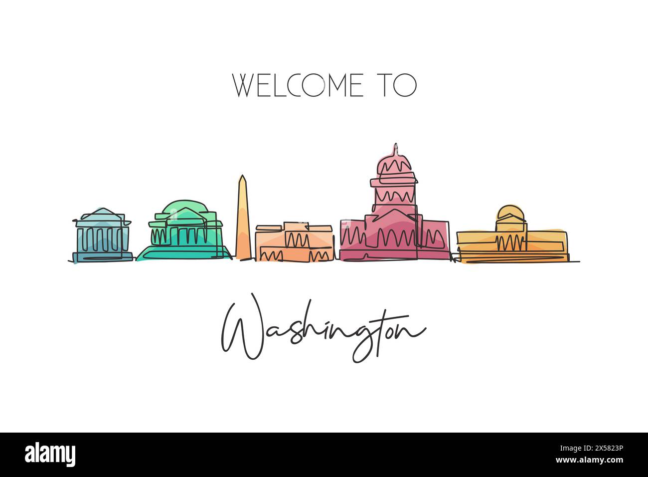 Un dessin au trait continu de la skyline de Washington, États-Unis. Magnifique point de repère. Paysage mondial tourisme vacances poster imprimé décoration murale. S Illustration de Vecteur