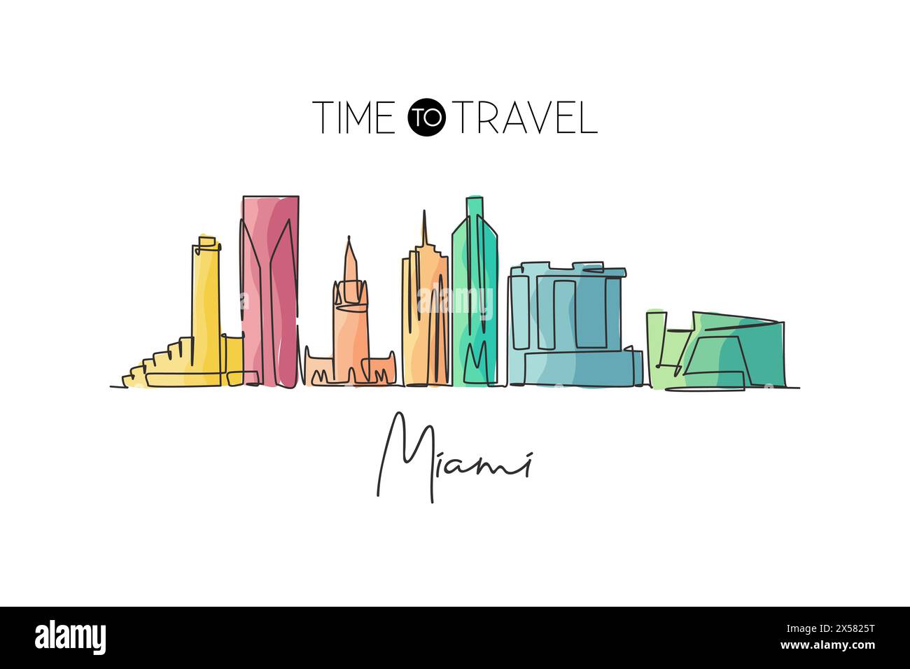 Une ligne continue dessinant Miami City skyline, États-Unis. Magnifique point de repère. Affiche de vacances de voyage de tourisme de paysage mondial. Style modifiable Illustration de Vecteur