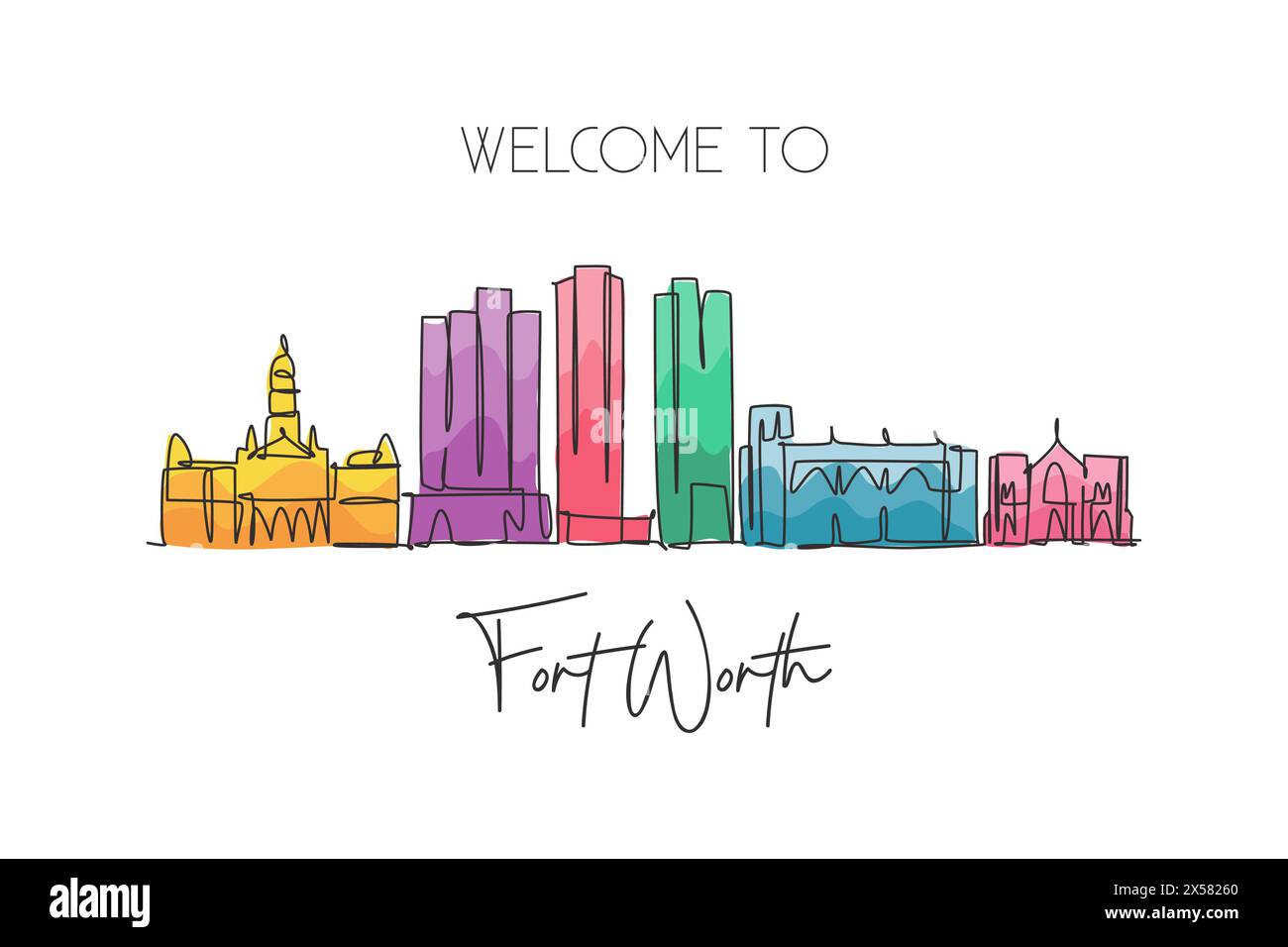 Dessin au trait continu unique de l'horizon de la ville de Fort Worth, États-Unis d'Amérique. Paysage célèbre. World Travel concept mur décor imprimé poster Ar Illustration de Vecteur