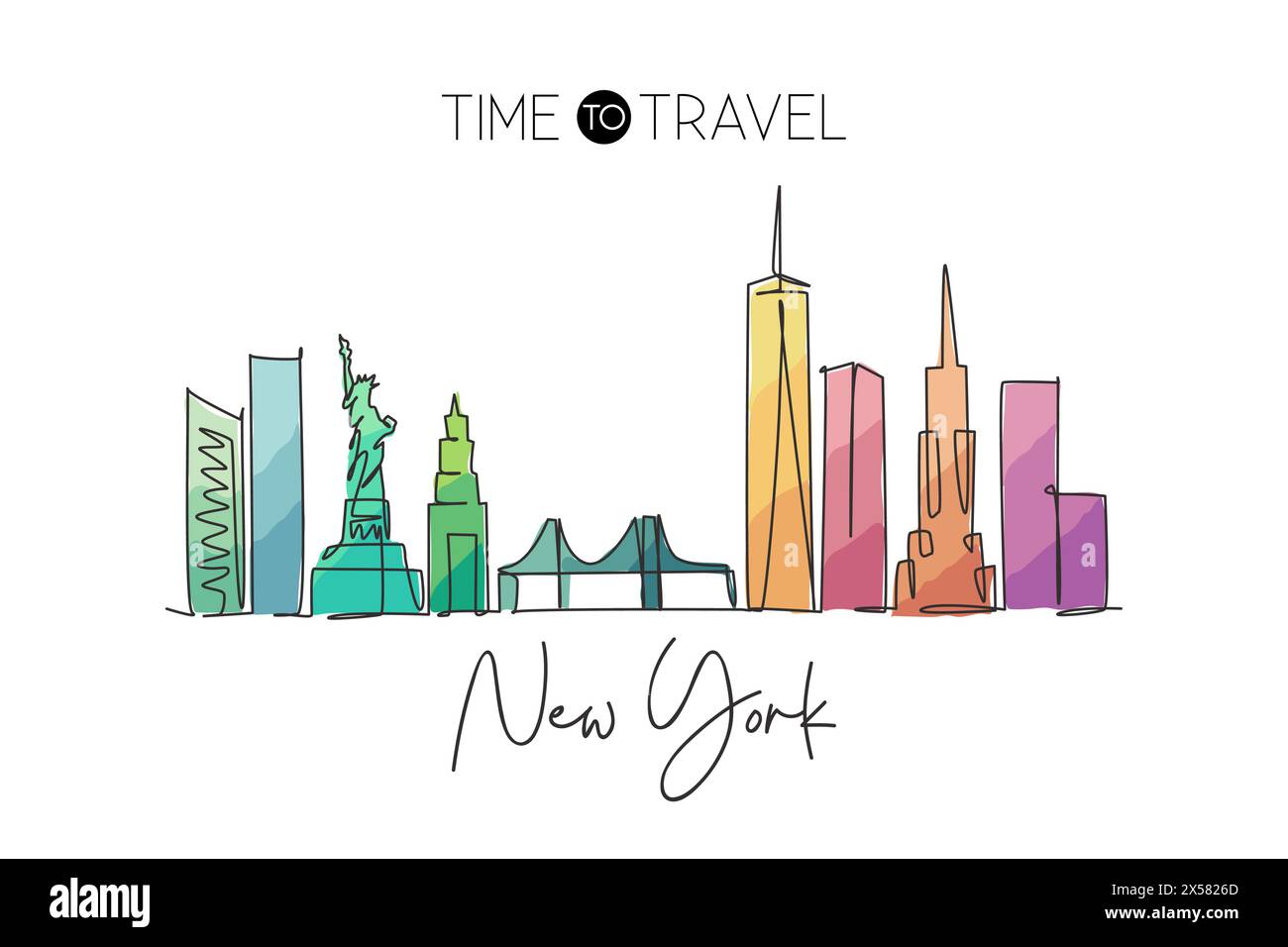 Dessin au trait continu unique de l'horizon de la ville de New York, États-Unis. Célèbre grattoir de ville et paysage. Concept de voyage du monde maison décoration murale poster imprimé art Illustration de Vecteur