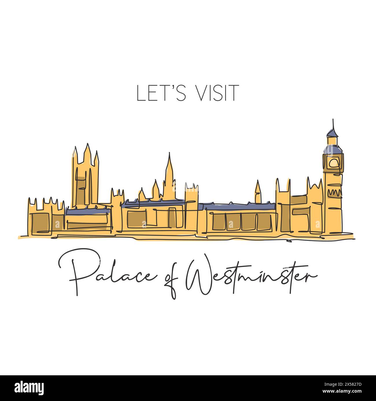 Une maison de dessin d'une seule ligne du monument du parlement de Londres en Angleterre au Royaume-Uni. Tourisme voyage carte postale maison mur décor art affiche imprimé concp Illustration de Vecteur