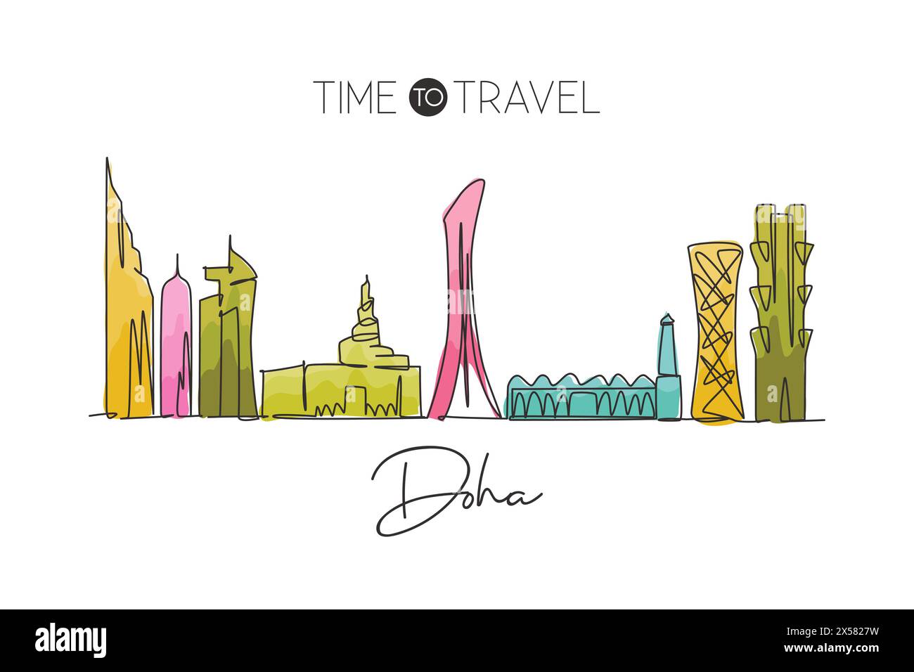 Un dessin au trait de la ville de Doha, Qatar. Paysage de ville historique dans le monde. Meilleure destination de vacances. Trait modifiable continuo tendance Illustration de Vecteur