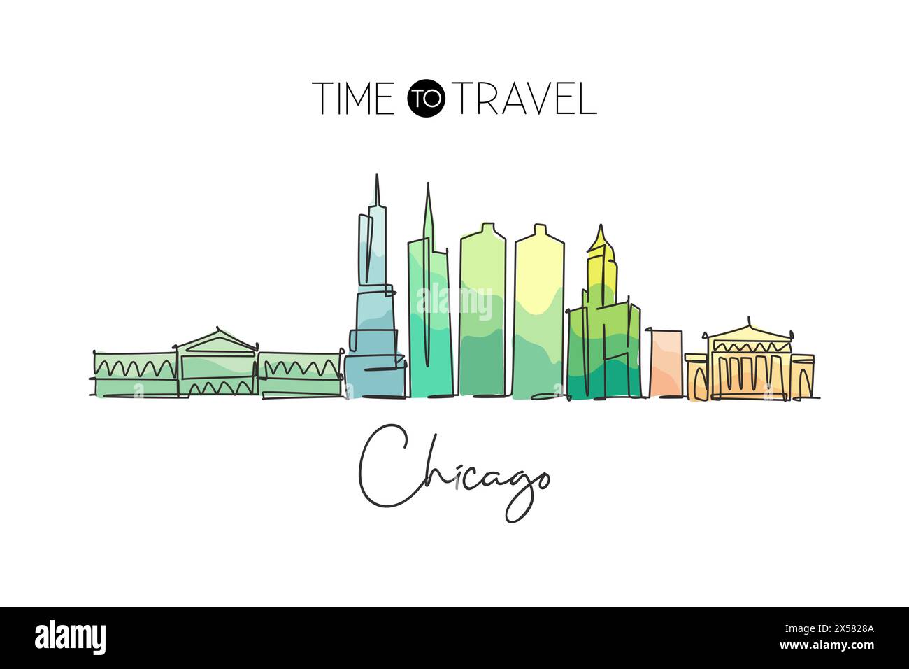 Un dessin au trait de la ville de Chicago, États-Unis. Paysage de ville historique dans le monde. Meilleure destination de vacances. Trait modifiable tren Illustration de Vecteur