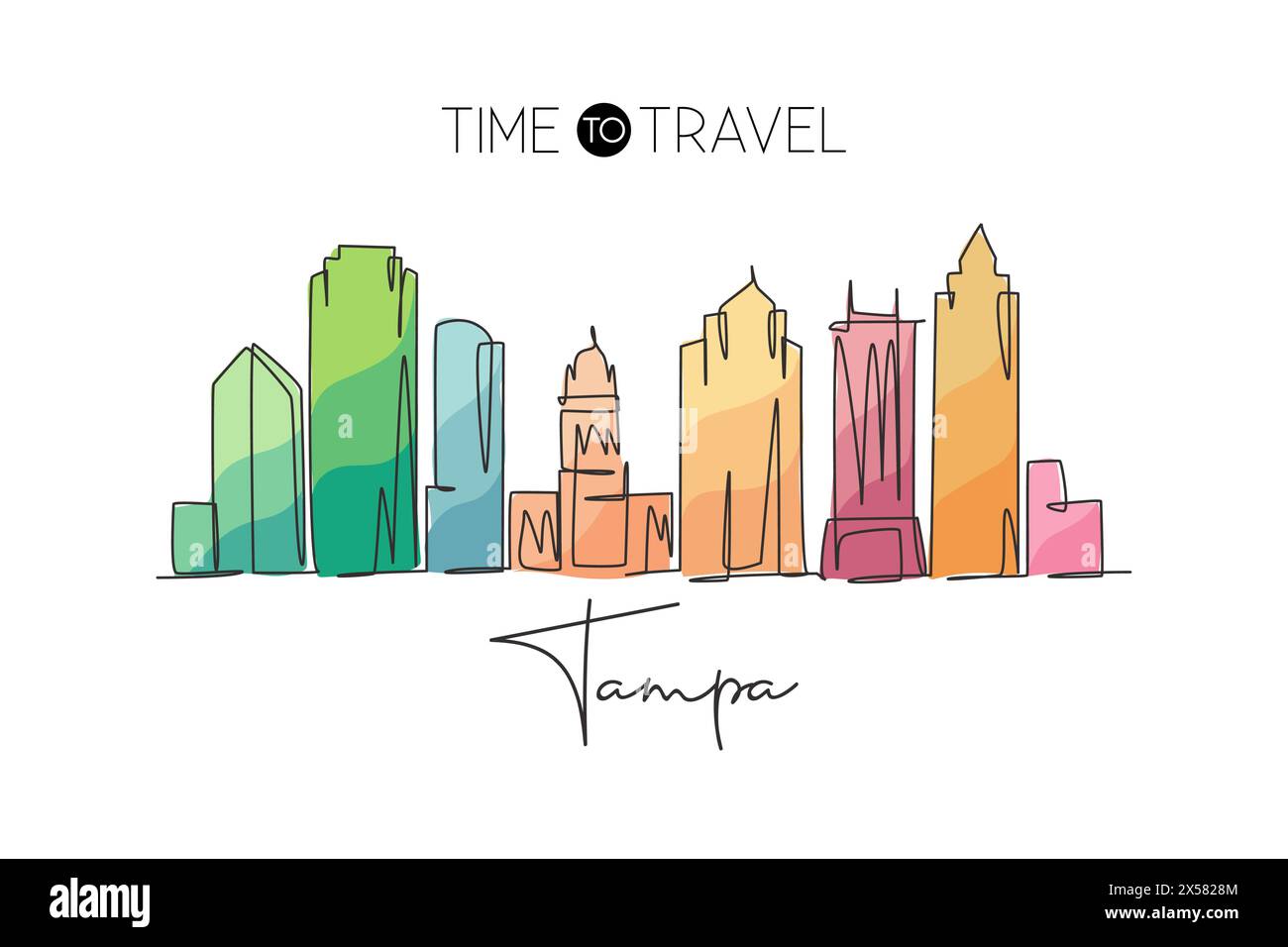 Une ligne continue dessinant l'horizon de la ville de Tampa, États-Unis. Magnifique point de repère. Affiche de vacances de voyage de tourisme de paysage mondial. Style modifiable Illustration de Vecteur