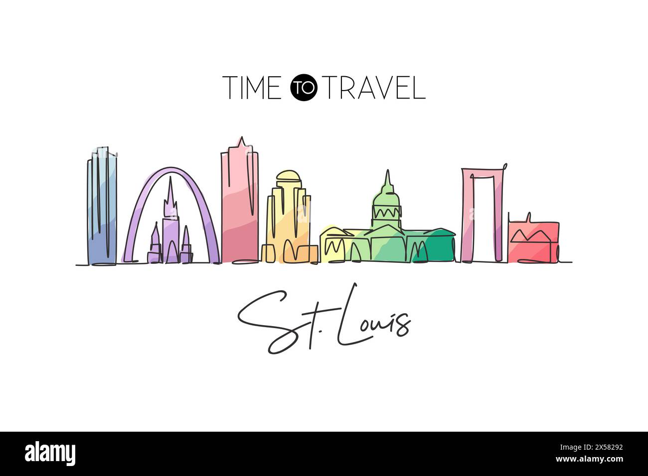 Un dessin au trait continu de la ville de Louis Skyline, USA. Magnifique point de repère. Paysage mondial tourisme voyage vacances décor mur art poster imprimé. S Illustration de Vecteur